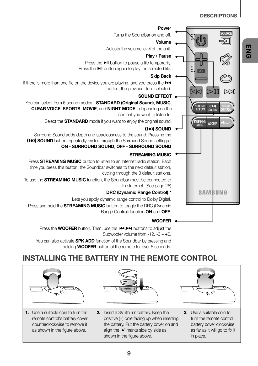 Samsung HW-J6501R/ZF, HW-J6501R/EN Installing the Battery in the Remote Control, Power, Volume, DRC Dynamic Range Control 