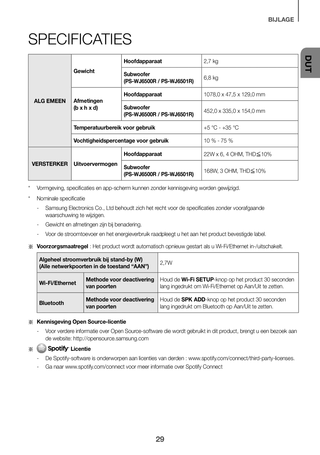 Samsung HW-J6501R/EN Specificaties, Gewicht Hoofdapparaat Subwoofer, Algeheel stroomverbruik bij stand-by W, Van poorten 