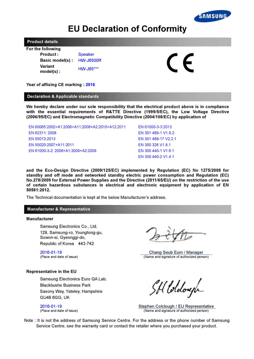 Samsung HW-J6500R/EN manual EU Declaration of Conformity, Product details, Declaration & Applicable standards 