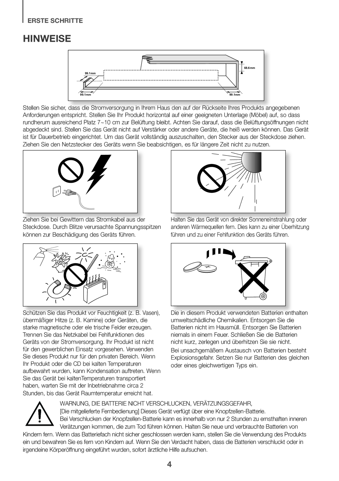 Samsung HW-J6500/EN, HW-J6502/EN, HW-J6501/EN manual Hinweise, WARNUNG, DIE Batterie Nicht VERSCHLUCKEN, Verätzungsgefahr 