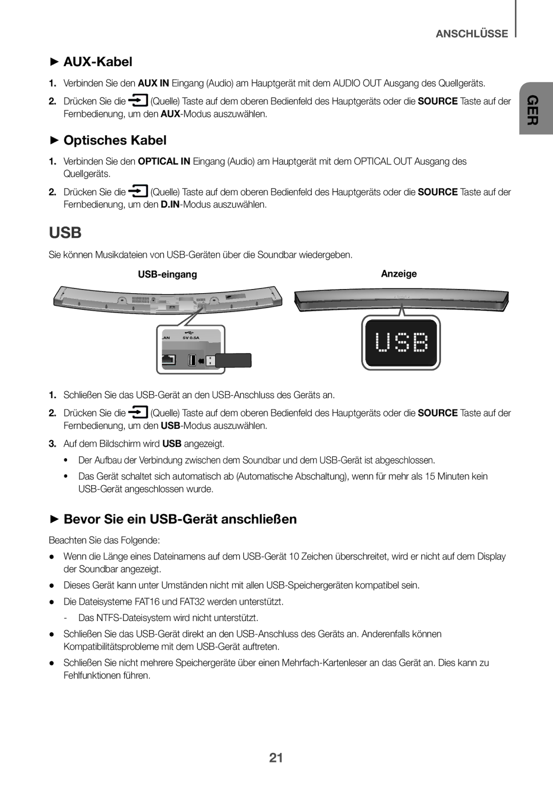 Samsung HW-J6500/XN, HW-J6502/EN manual ++AUX-Kabel, ++Optisches Kabel, ++Bevor Sie ein USB-Gerät anschließen, USB-eingang 