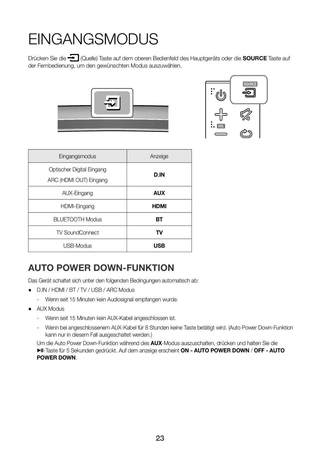 Samsung HW-J6512/XE, HW-J6502/EN, HW-J6500/EN, HW-J6501/EN, HW-J6500/ZF Auto Power DOWN-FUNKTION, Eingangsmodus Anzeige 