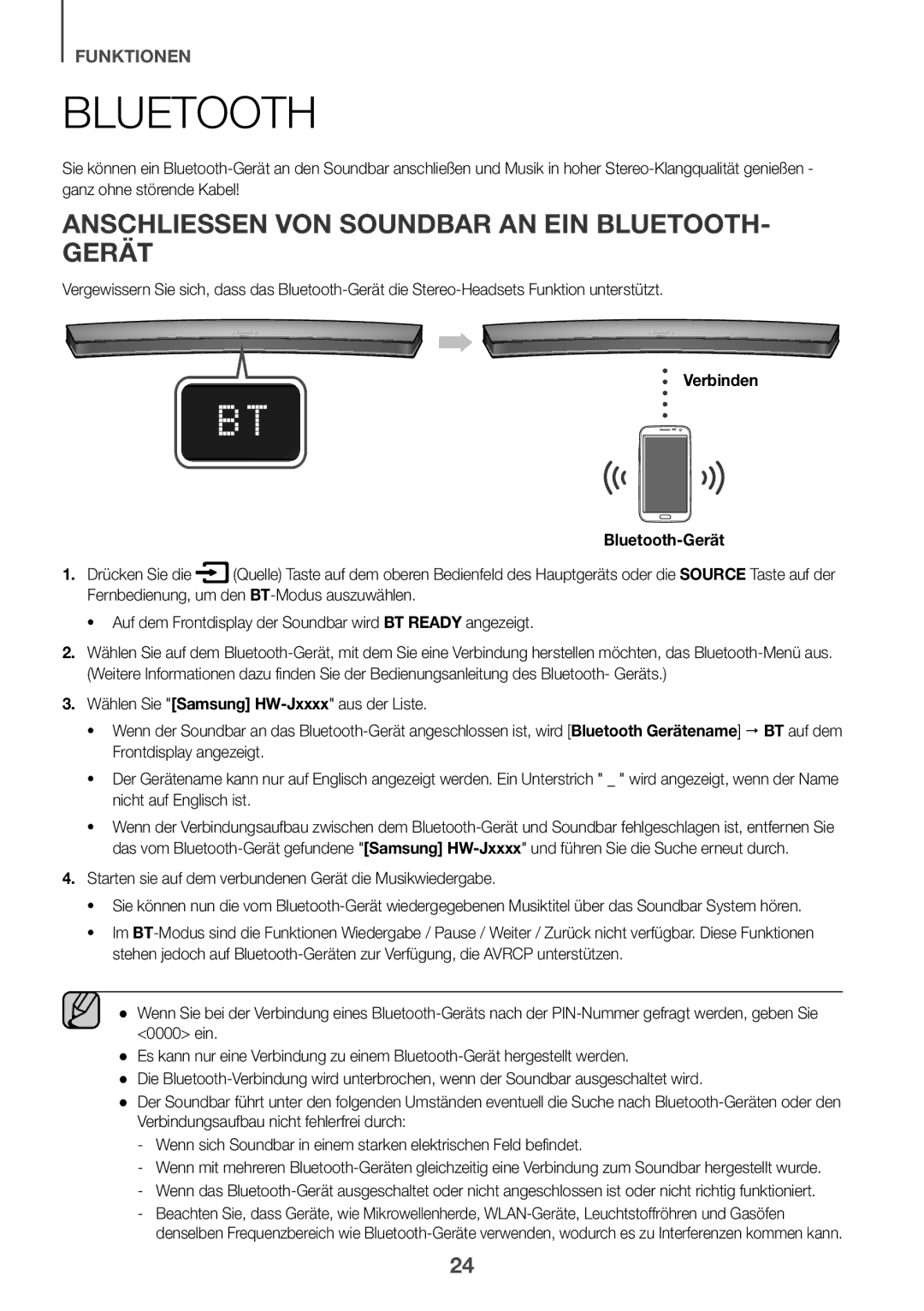 Samsung HW-J6511/XE manual Anschliessen VON Soundbar AN EIN BLUETOOTH- Gerät, Verbinden Bluetooth-Gerät, Drücken Sie die 