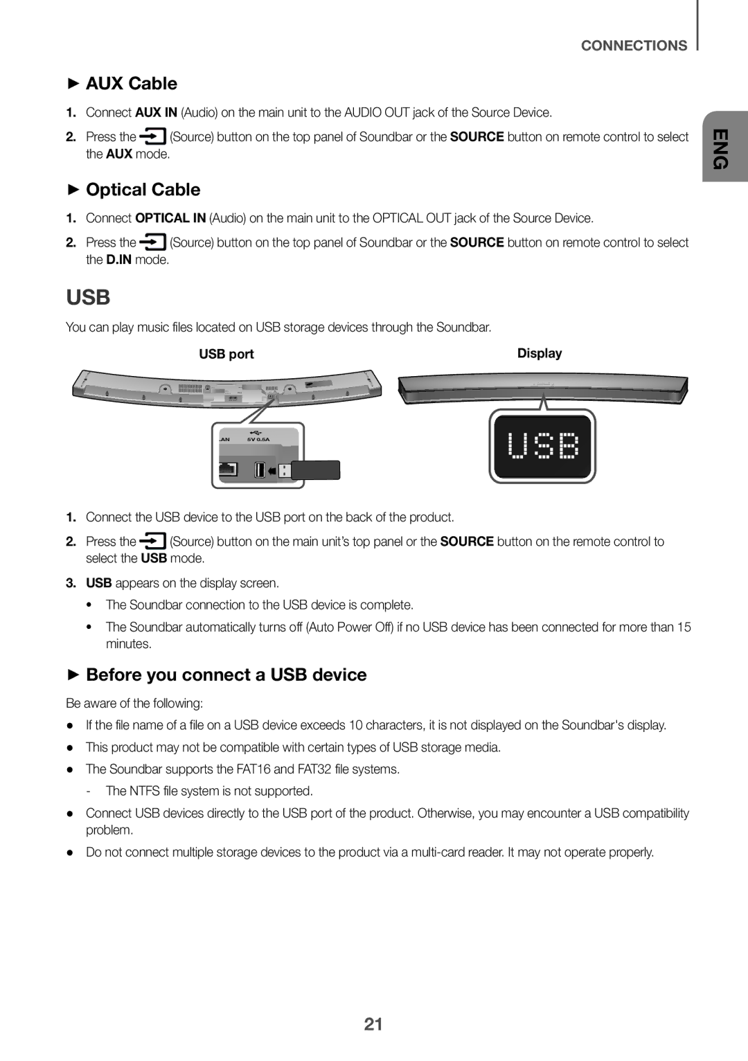 Samsung HW-J6511/XE, HW-J6502/EN manual Usb, ++AUX Cable, ++Optical Cable, ++Before you connect a USB device, USB port 