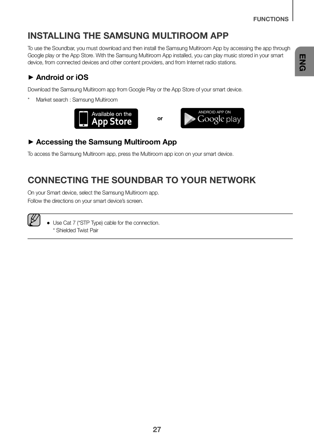 Samsung HW-J6502/ZF, HW-J6502/EN ++Android or iOS, ++Accessing the Samsung Multiroom App, Market search Samsung Multiroom 