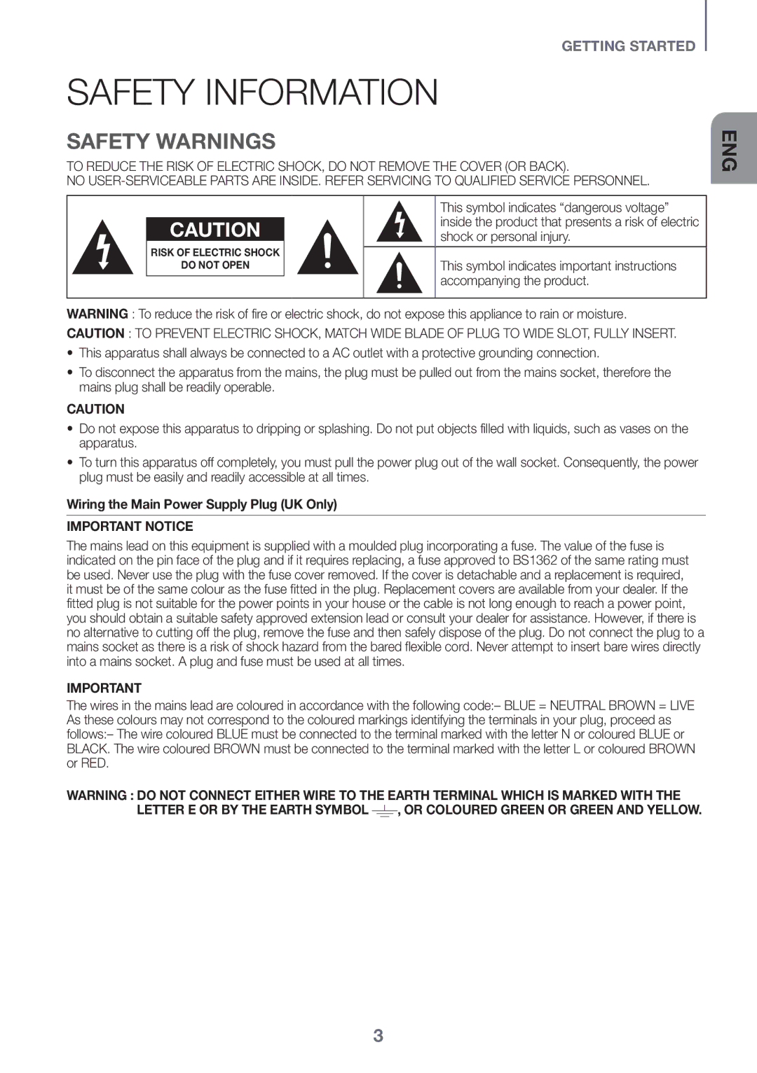 Samsung HW-J6500/ZF, HW-J6502/EN manual Safety Information, Safety Warnings, Wiring the Main Power Supply Plug UK Only 