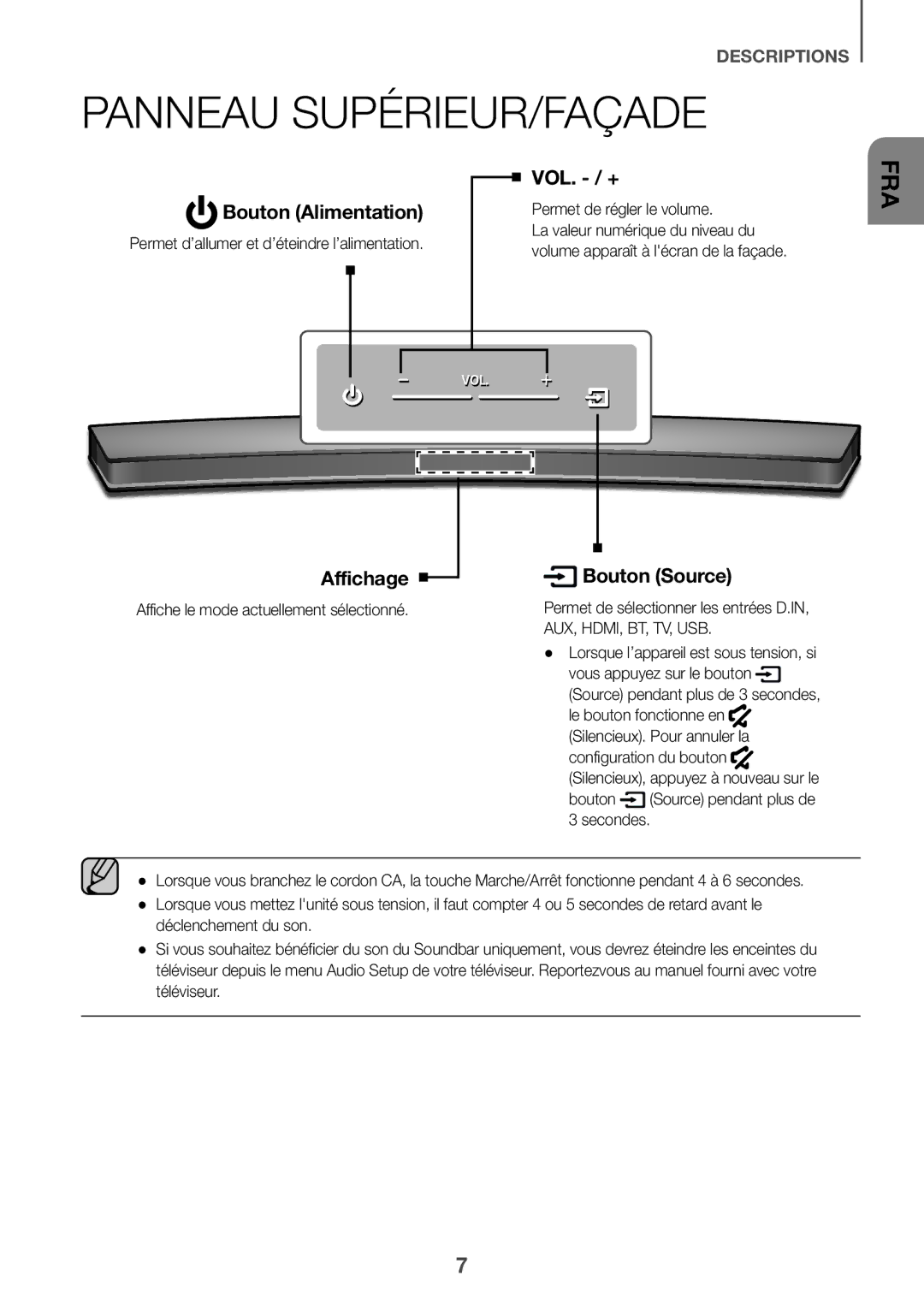 Samsung HW-J6502/XN manual Panneau SUPÉRIEUR/FAÇADE, Permet de régler le volume, Affiche le mode actuellement sélectionné 