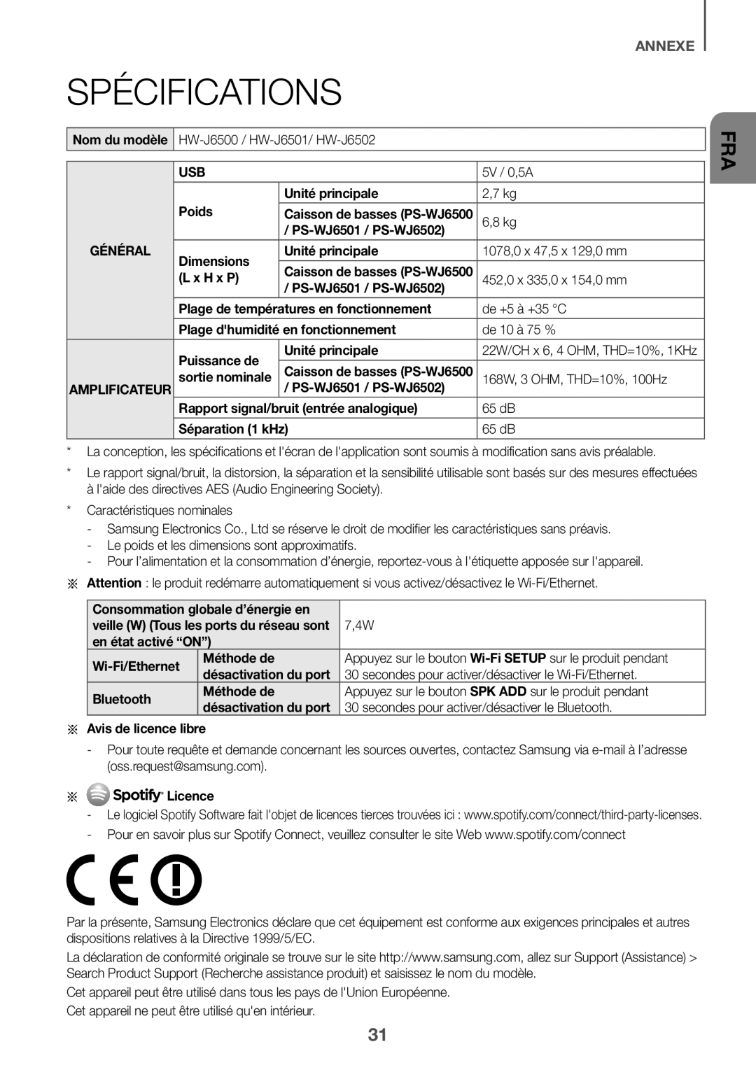 Samsung HW-J6501/XN manual HW-J6500 / HW-J6501/ HW-J6502, 5V / 0,5A, Poids Unité principale, 168W, 3 OHM, THD=10%, 100Hz 