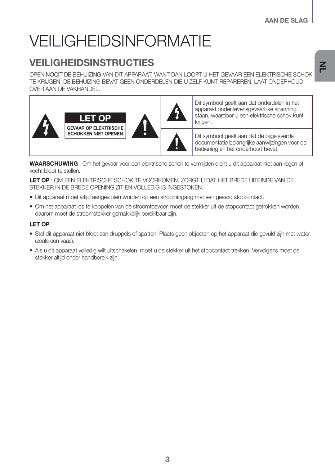 Samsung HW-J6500/EN, HW-J6502/EN, HW-J6501/EN, HW-J6500/ZF, HW-J6501/ZF manual Veiligheidsinformatie, Veiligheidsinstructies 