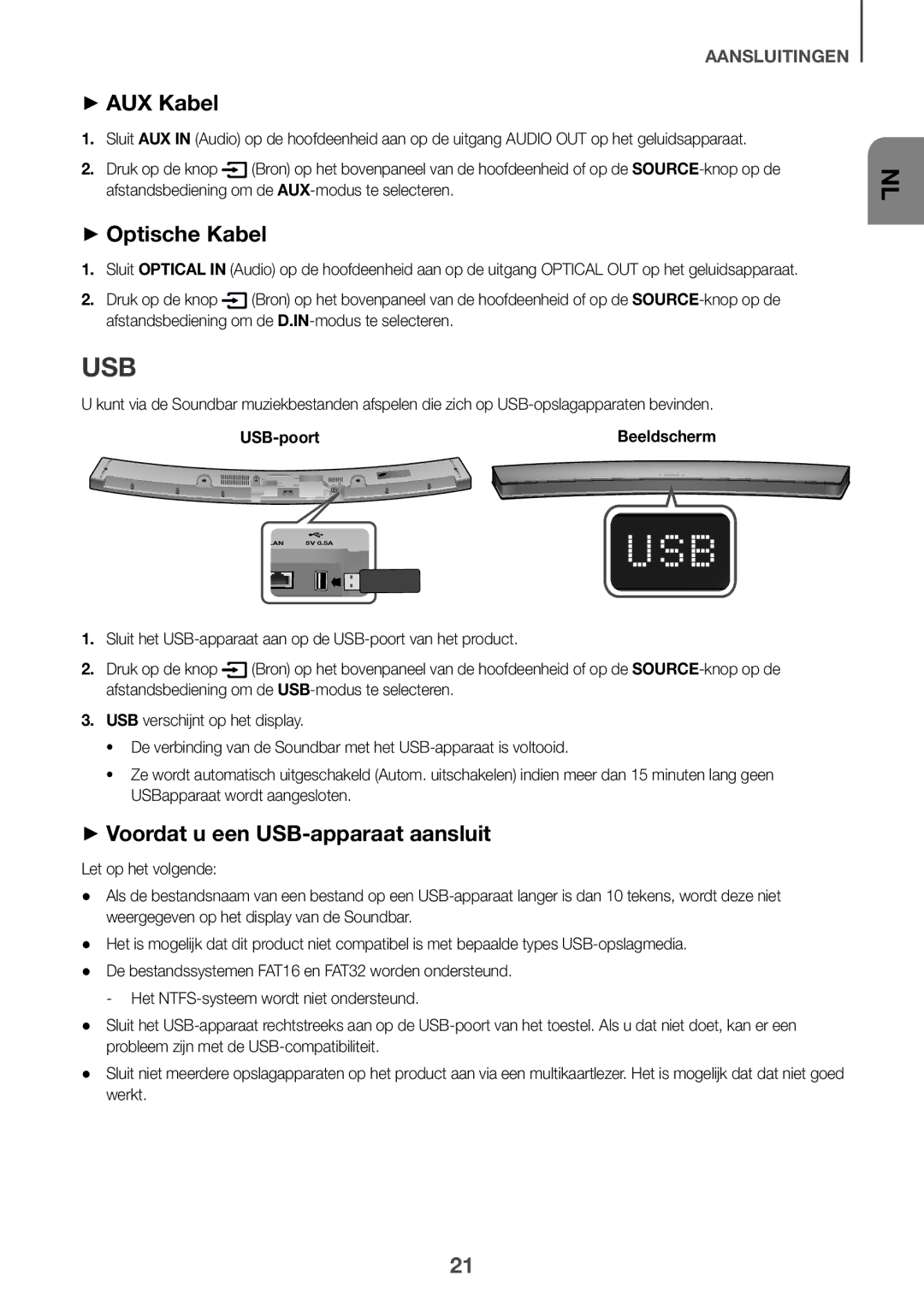 Samsung HW-J6501/XN, HW-J6502/EN manual ++AUX Kabel, ++Optische Kabel, ++Voordat u een USB-apparaat aansluit, USB-poort 