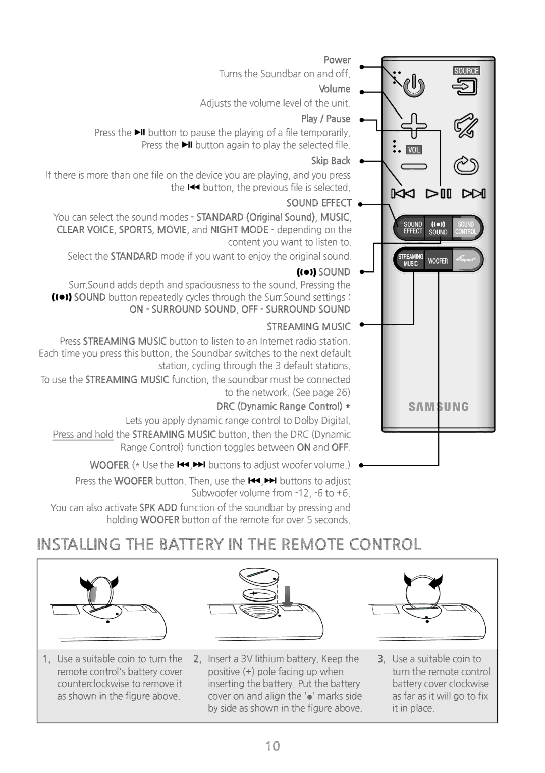 Samsung HW-J6511/XE, HW-J6502/EN, HW-J6500/EN, HW-J6501/EN manual Installing the Battery in the Remote Control, Sound Effect 