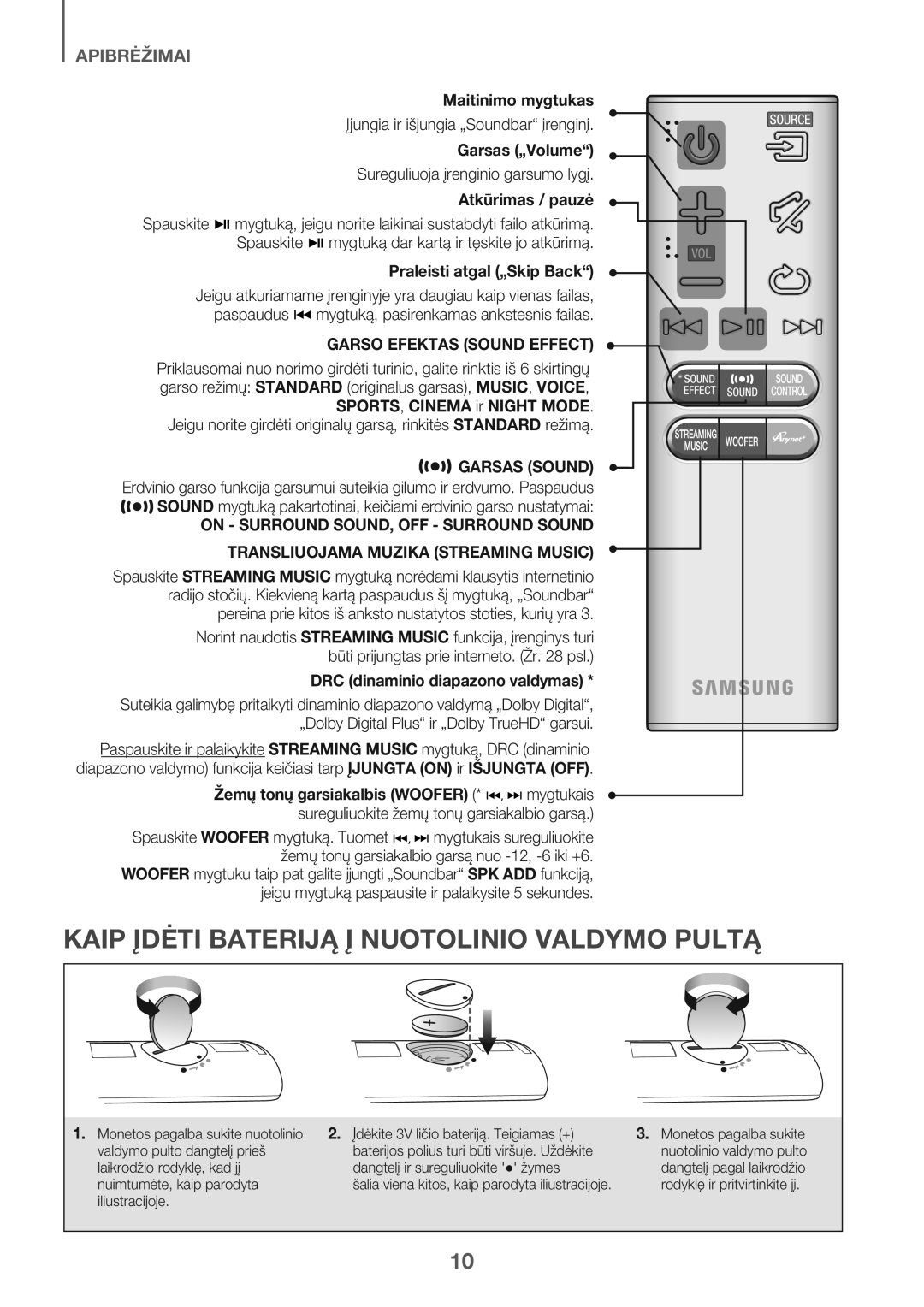 Samsung HW-J6502/EN manual Kaip Įdėti Bateriją Į Nuotolinio Valdymo Pultą, Garso Efektas Sound Effect, Garsas Sound 