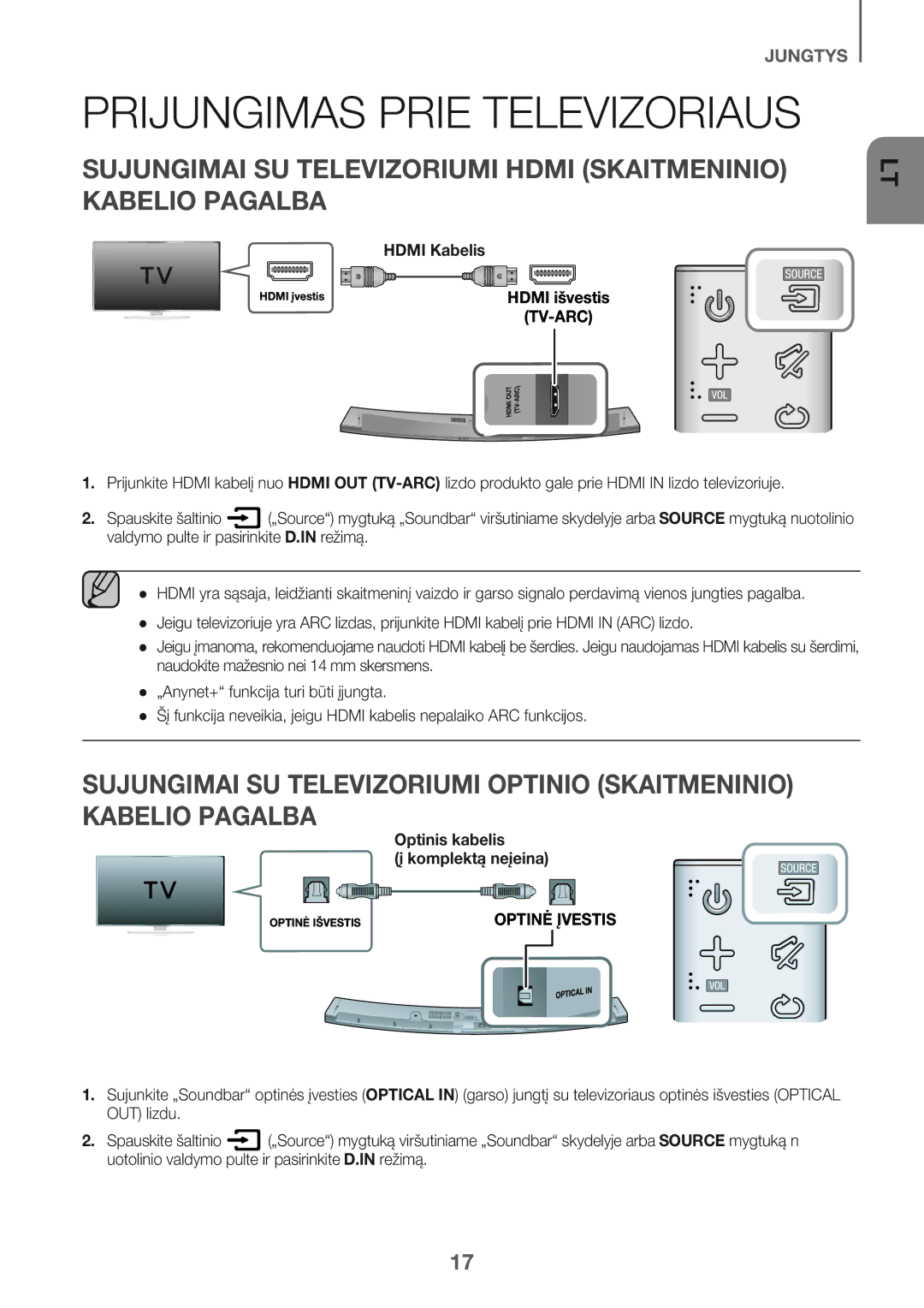 Samsung HW-J6502/EN manual Prijungimas Prie Televizoriaus, Hdmi Kabelis, Optinis kabelis Komplektą neįeina 