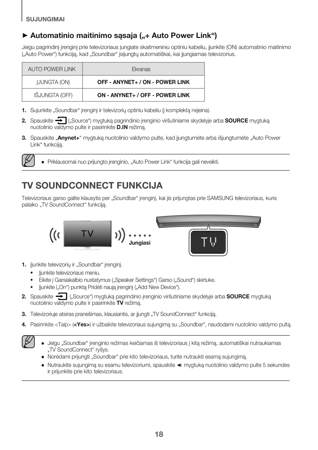 Samsung HW-J6502/EN manual TV Soundconnect Funkcija, + Automatinio maitinimo sąsaja „+ Auto Power Link, Jungiasi 