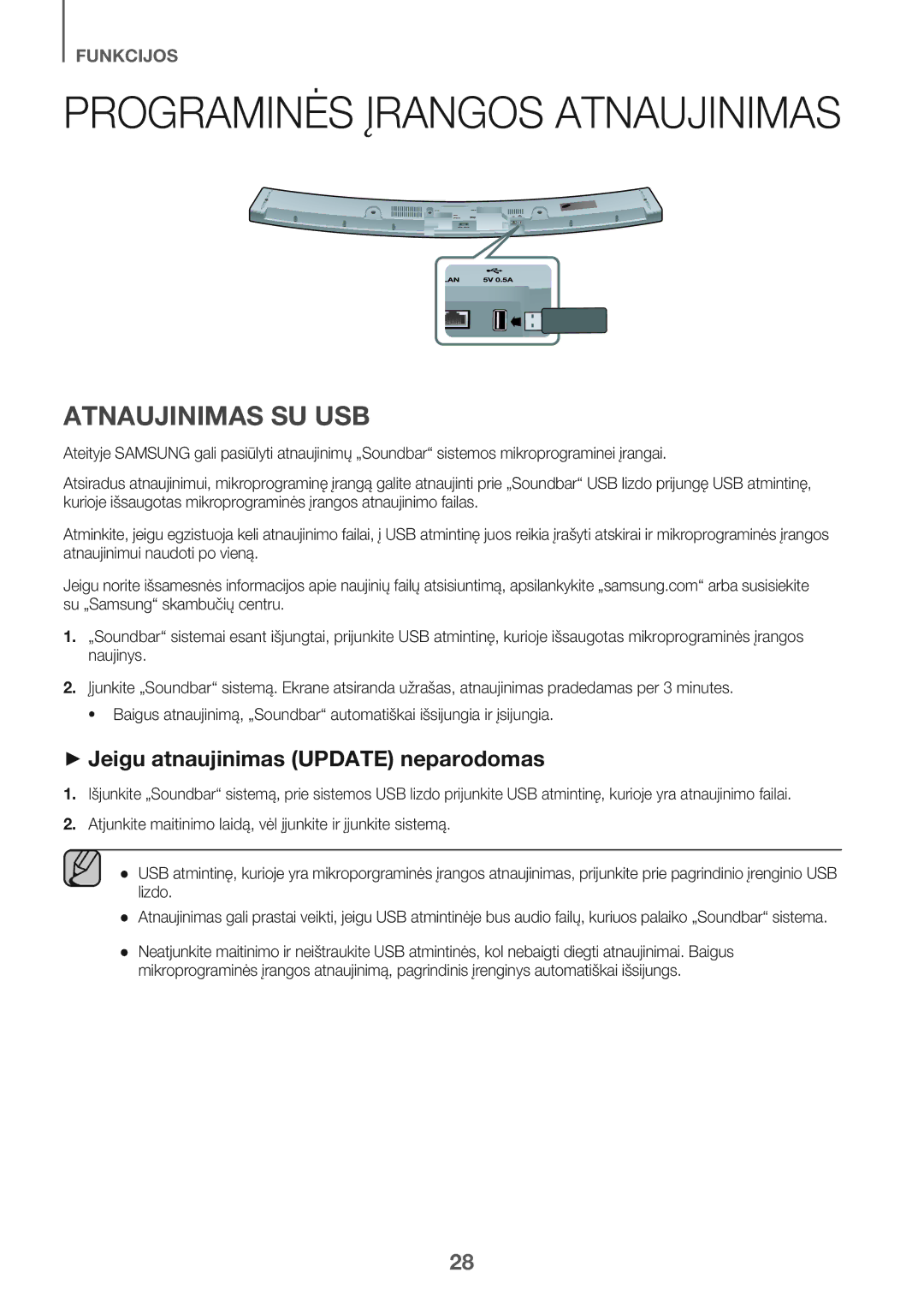 Samsung HW-J6502/EN manual Atnaujinimas SU USB, + Jeigu atnaujinimas Update neparodomas 