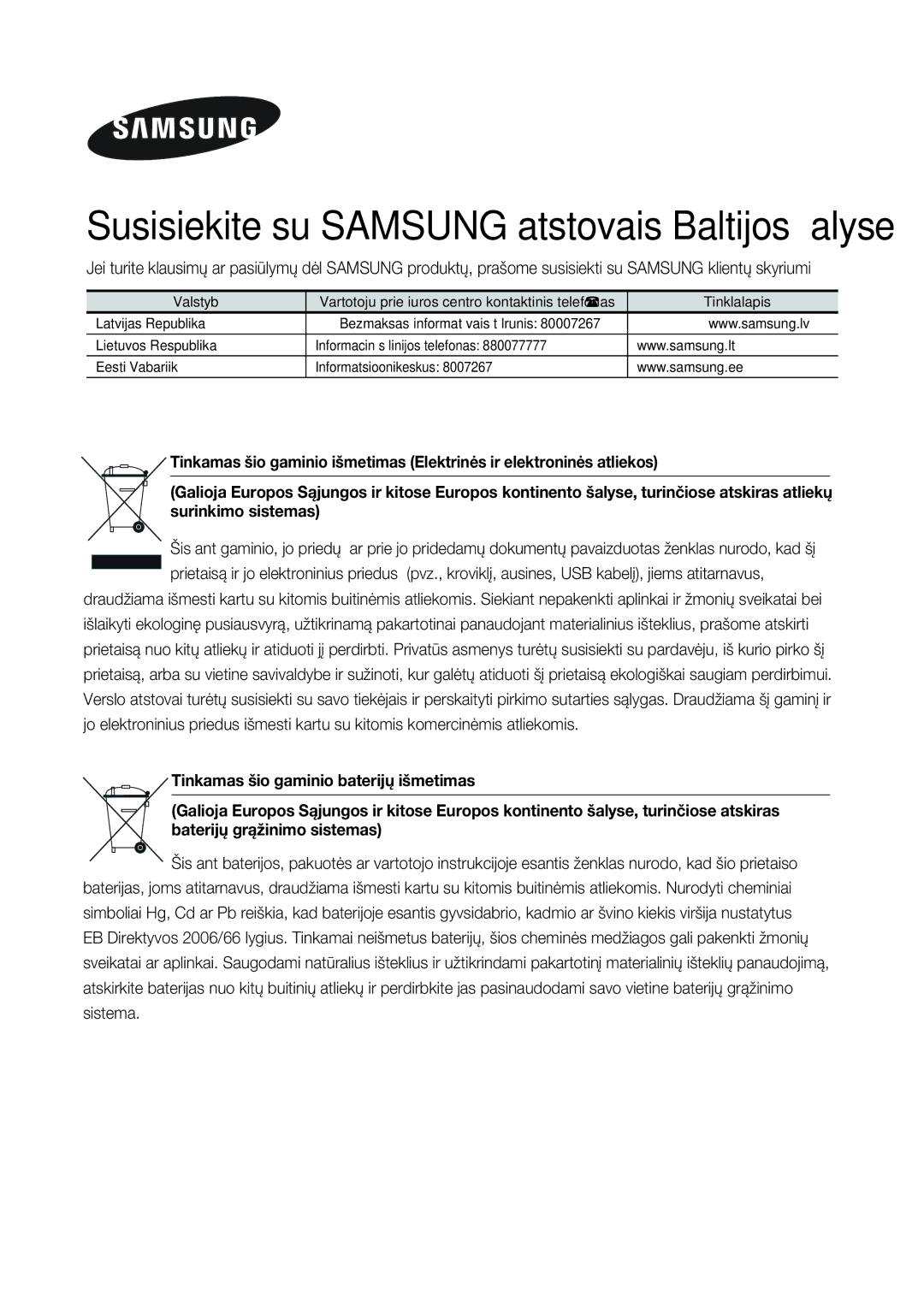 Samsung HW-J6502/EN manual Susisiekite su Samsung atstovais Baltijos šalyse 