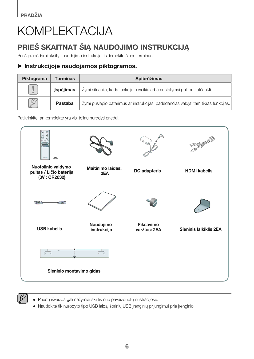 Samsung HW-J6502/EN manual Komplektacija, Prieš Skaitnat ŠIĄ Naudojimo Instrukciją, + Instrukcijoje naudojamos piktogramos 