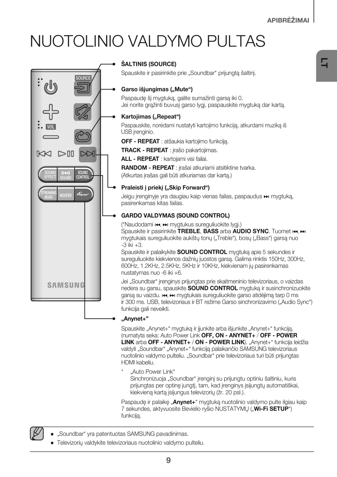 Samsung HW-J6502/EN manual Nuotolinio Valdymo Pultas, Šaltinis Source, Gardo Valdymas Sound Control 