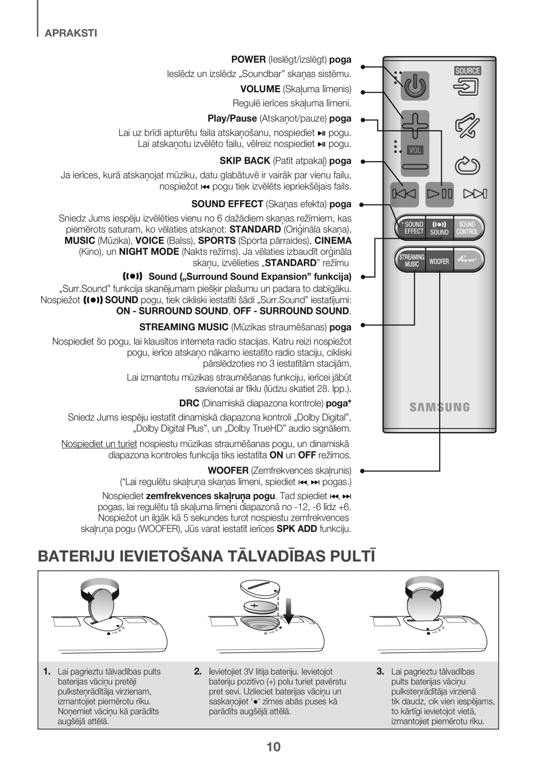 Samsung HW-J6502/EN manual Bateriju Ievietošana Tālvadības Pultī, Sound Effect Skaņas efekta poga 