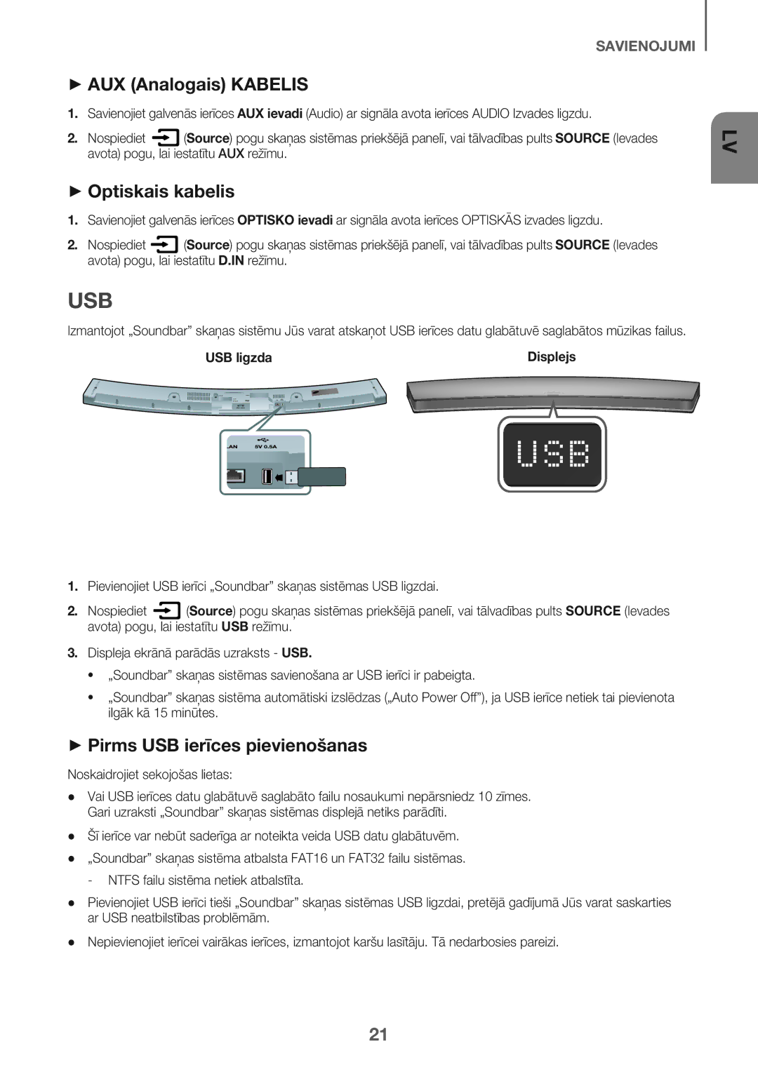 Samsung HW-J6502/EN manual Usb, + AUX Analogais Kabelis, + Optiskais kabelis, + Pirms USB ierīces pievienošanas, USB ligzda 