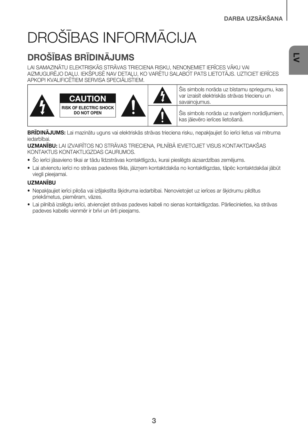 Samsung HW-J6502/EN manual Drošības Informācija, Drošības Brīdinājums, Uzmanību 