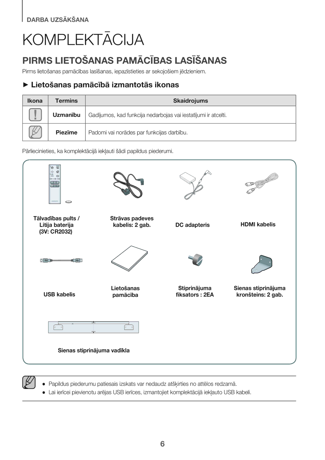 Samsung HW-J6502/EN manual Komplektācija, Pirms Lietošanas Pamācības Lasīšanas, + Lietošanas pamācībā izmantotās ikonas 