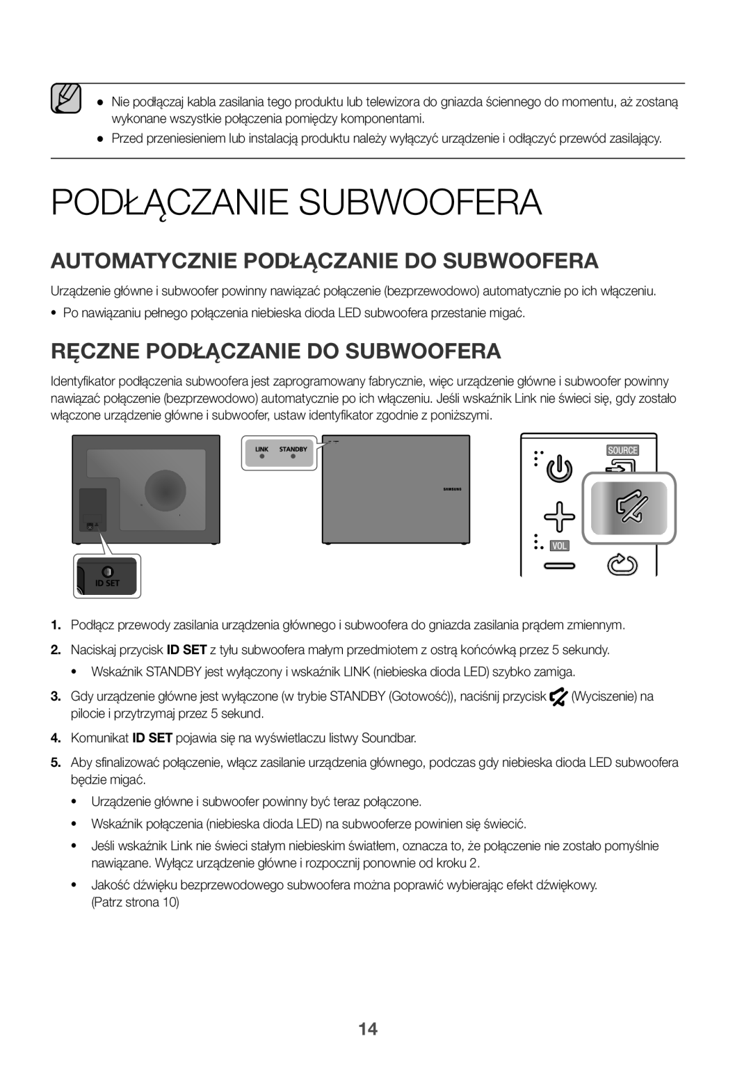 Samsung HW-J651/XN manual Podłączanie Subwoofera, Automatycznie Podłączanie do Subwoofera, Ręczne Podłączanie do Subwoofera 