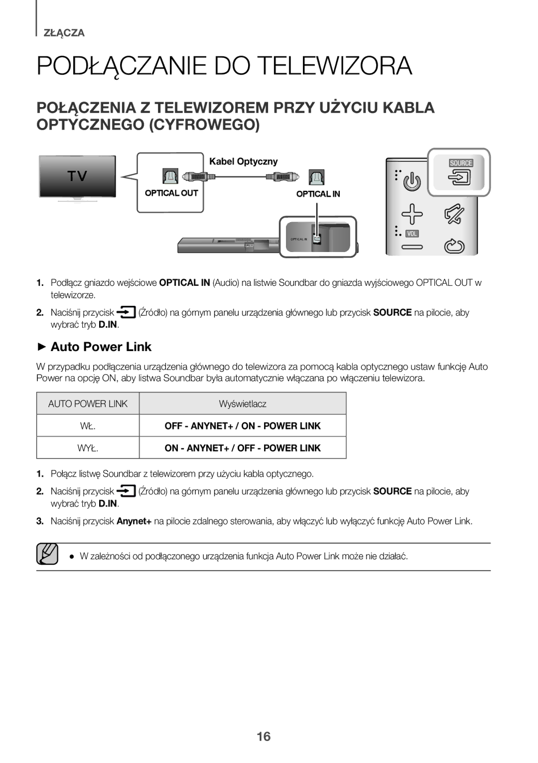 Samsung HW-J650/EN, HW-J651/EN, HW-J651/ZF manual Podłączanie do Telewizora, Kabel Optyczny, Wybrać tryb D.IN, Wyświetlacz 