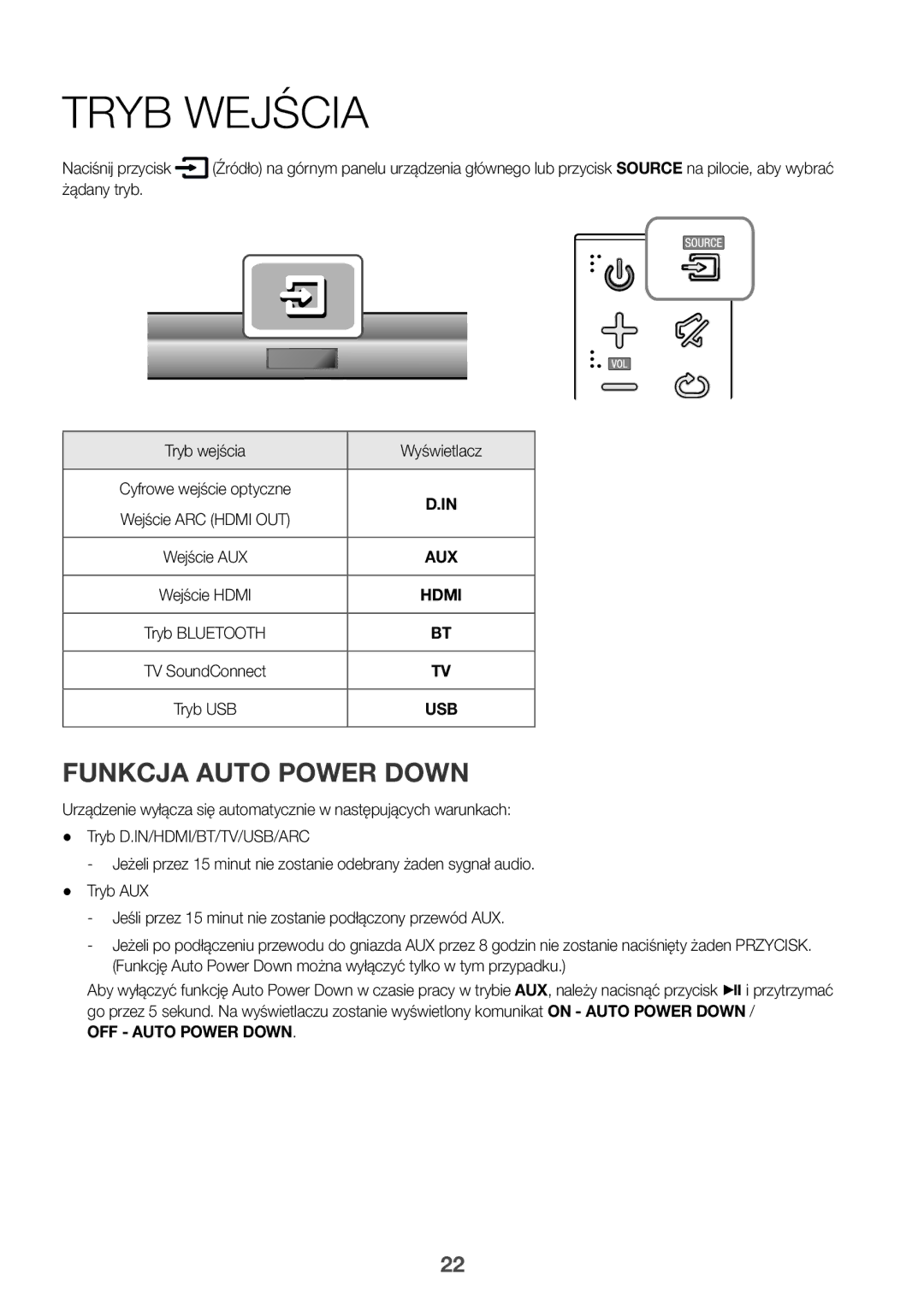 Samsung HW-J650/XN manual Tryb Wejścia, Funkcja Auto Power Down, Żądany tryb Tryb wejścia Wyświetlacz, OFF Auto Power Down 