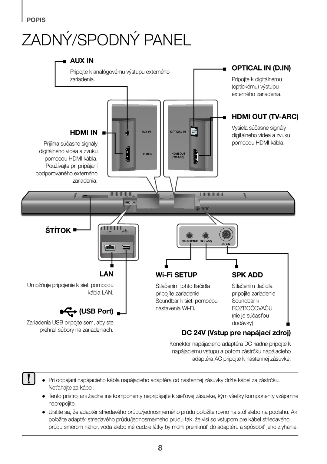 Samsung HW-J651/XN manual ZADNÝ/SPODNÝ Panel, Pripojte k analógovému výstupu externého zariadenia, Nie je súčasťou Dodávky 