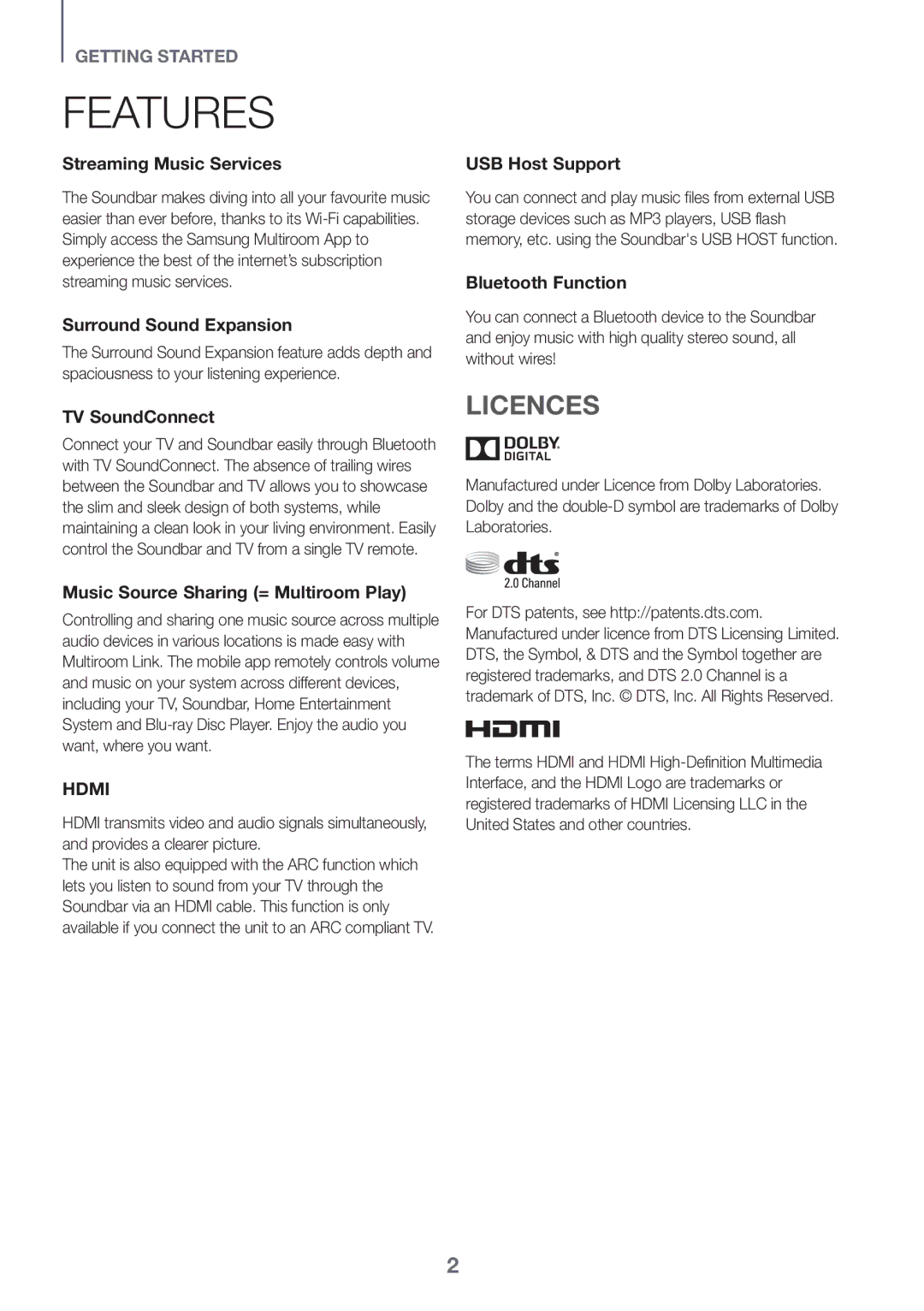 Samsung HW-J651/ZF, HW-J650/EN, HW-J651/EN, HW-J661/XE, HW-J660/XE, HW-J651/XN, HW-J650/XN manual Features, Licences 