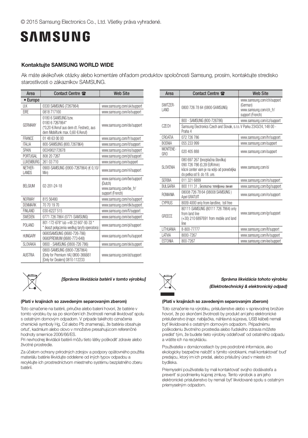 Samsung HW-J650/EN, HW-J651/EN, HW-J651/ZF manual Kontaktujte Samsung World Wide, Správna likvidácia batérií v tomto výrobku 