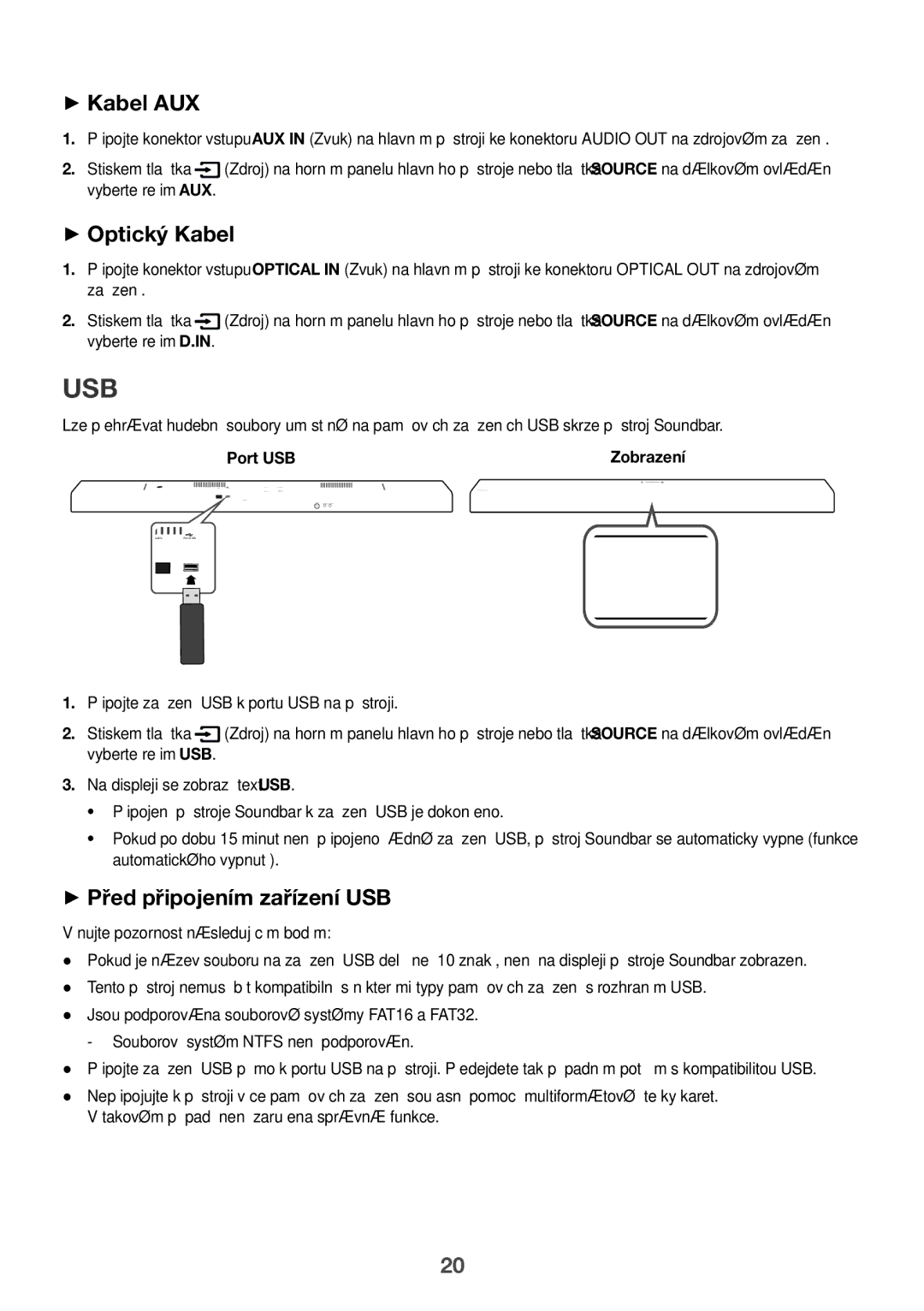 Samsung HW-J650/XN, HW-J650/EN manual ++Optický Kabel, ++Před připojením zařízení USB, Věnujte pozornost následujícím bodům 