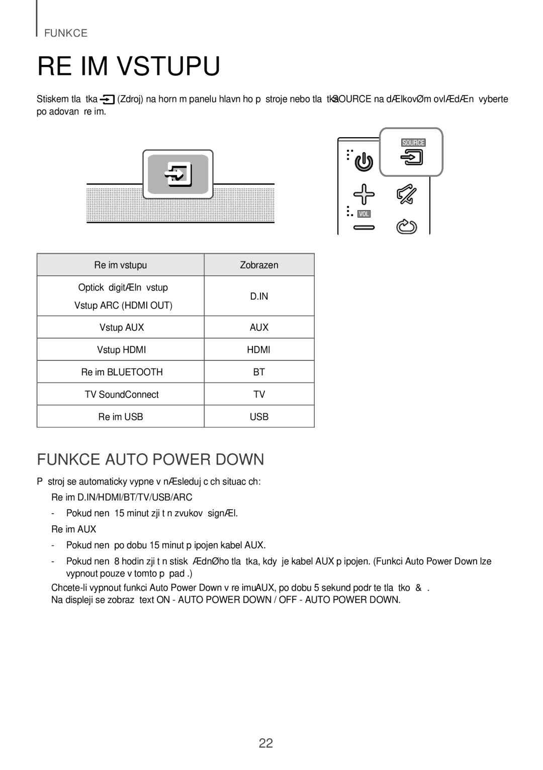 Samsung HW-J651/EN, HW-J650/EN, HW-J651/ZF, HW-J661/XE, HW-J660/XE, HW-J651/XN Funkce Auto Power Down, Režim vstupu Zobrazení 