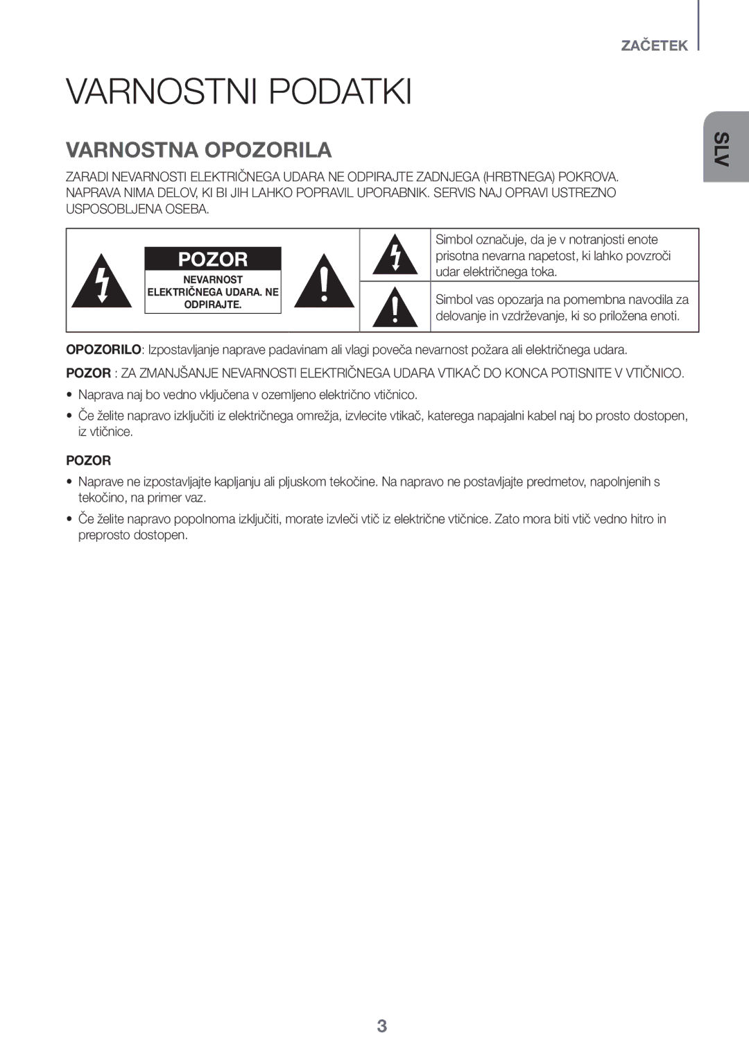 Samsung HW-J650/XN, HW-J650/EN, HW-J651/EN, HW-J651/ZF Varnostni Podatki, Varnostna Opozorila, Udar električnega toka, Pozor 