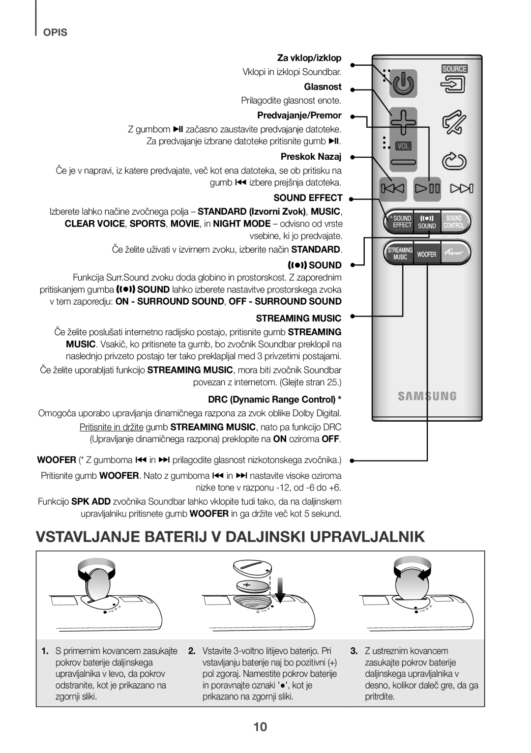 Samsung HW-J650/XN, HW-J650/EN Vstavljanje Baterij V Daljinski Upravljalnik, Za vklop/izklop, Glasnost, Predvajanje/Premor 