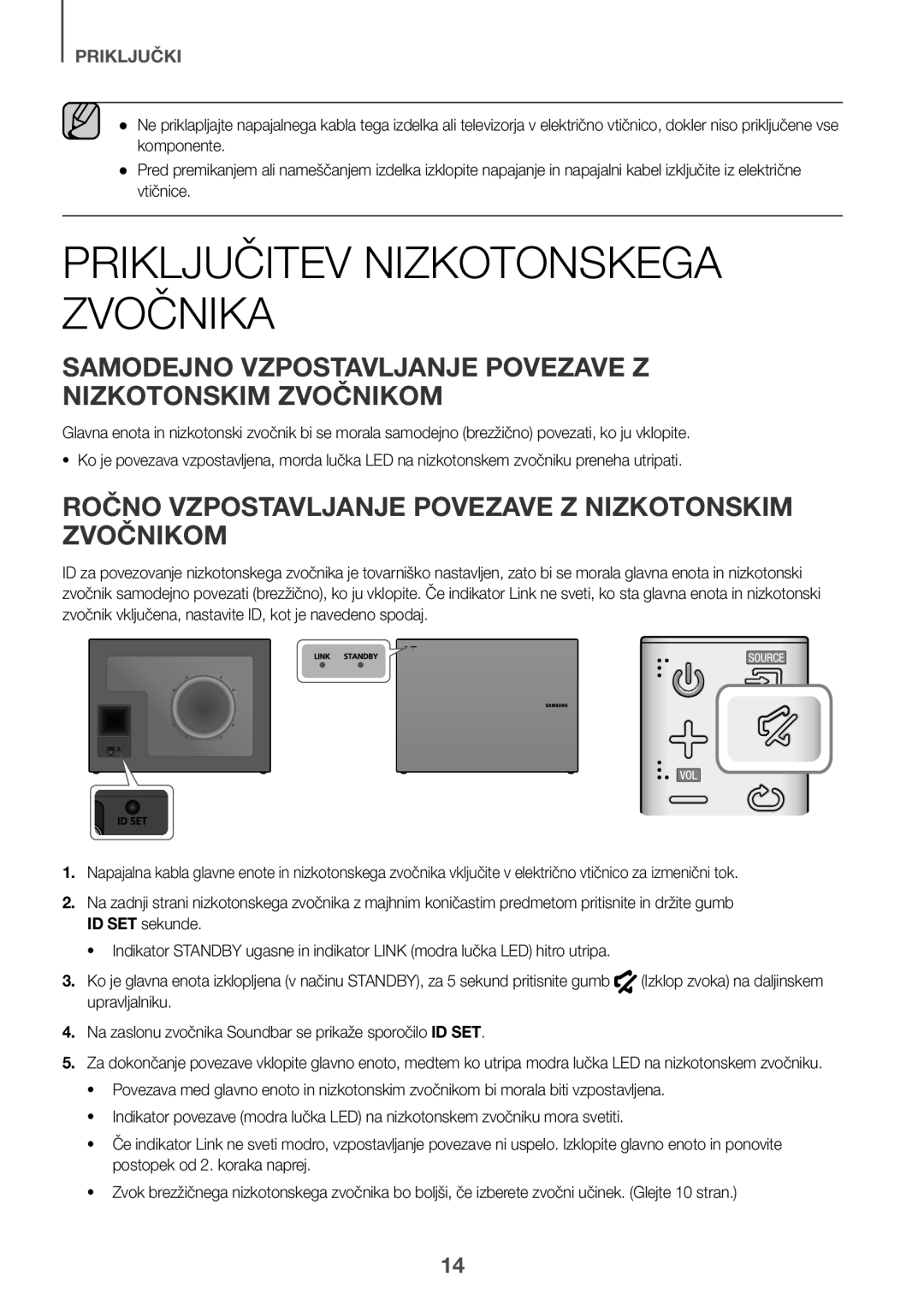 Samsung HW-J661/XE manual Priključitev Nizkotonskega Zvočnika, Samodejno Vzpostavljanje Povezave Z Nizkotonskim Zvočnikom 