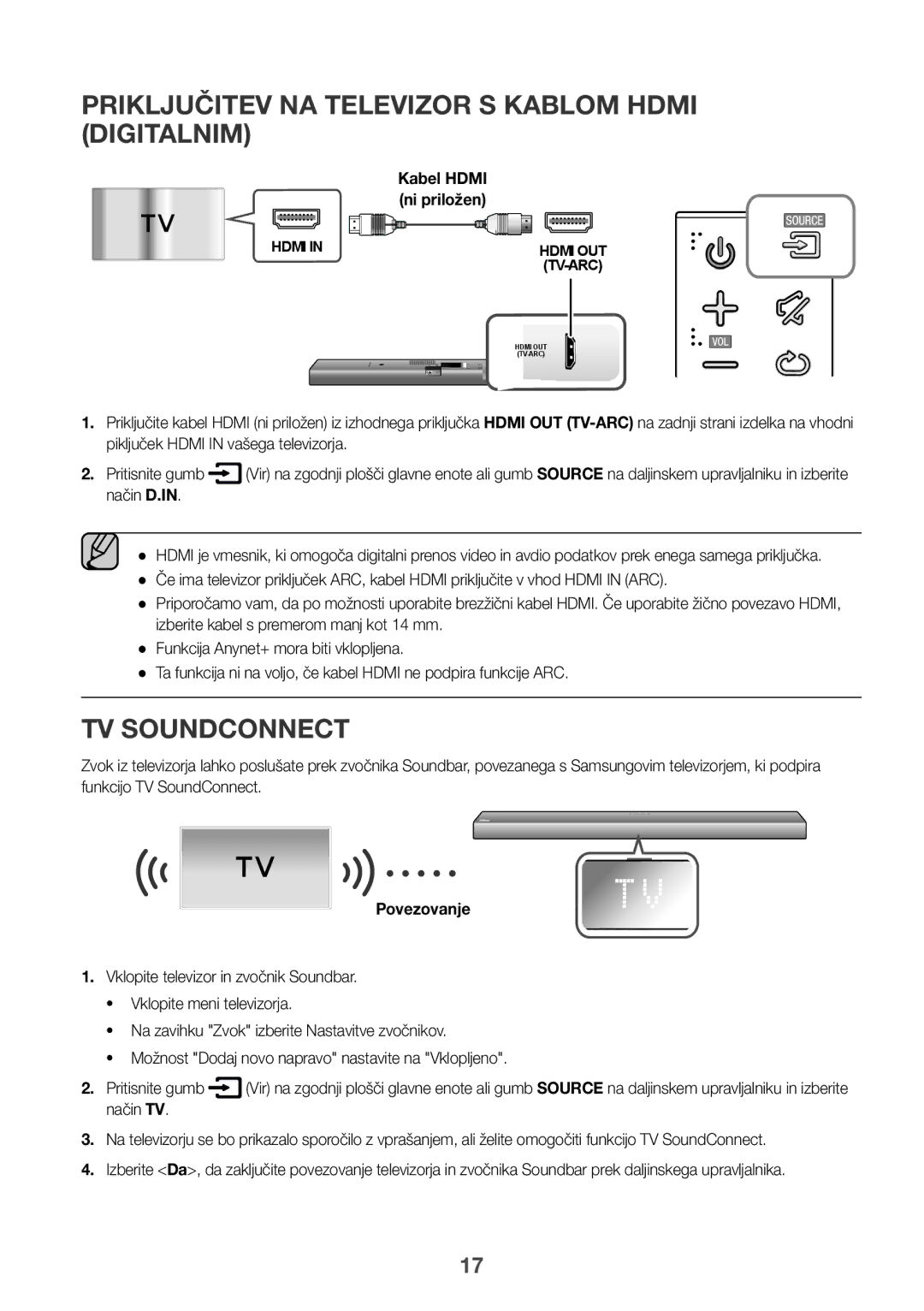 Samsung HW-J650/XN manual Priključitev NA Televizor S Kablom Hdmi Digitalnim, Kabel Hdmi ni priložen, Povezovanje, Način TV 