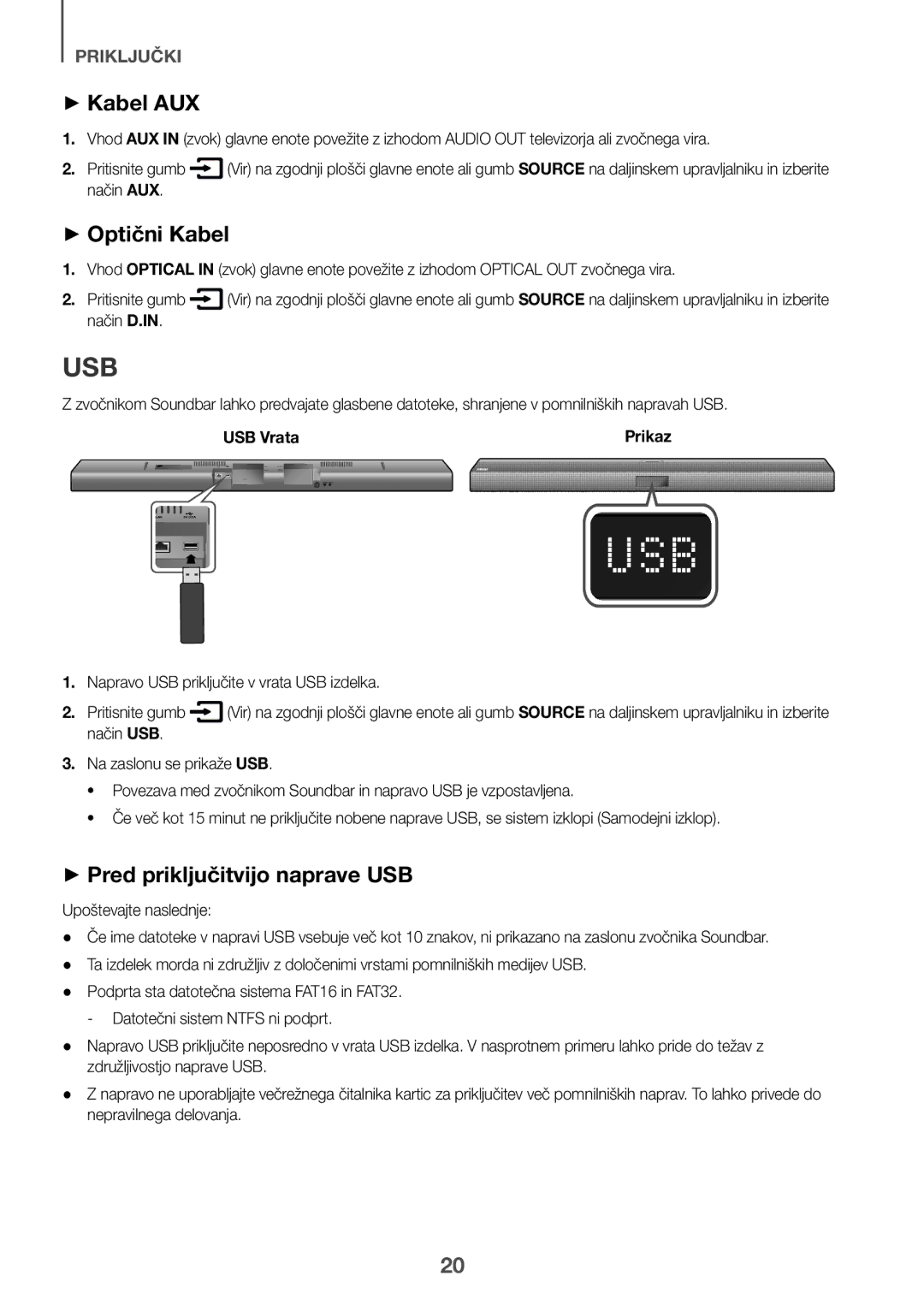 Samsung HW-J651/ZF, HW-J650/EN manual ++Optični Kabel, ++Pred priključitvijo naprave USB, USB Vrata, Upoštevajte naslednje 