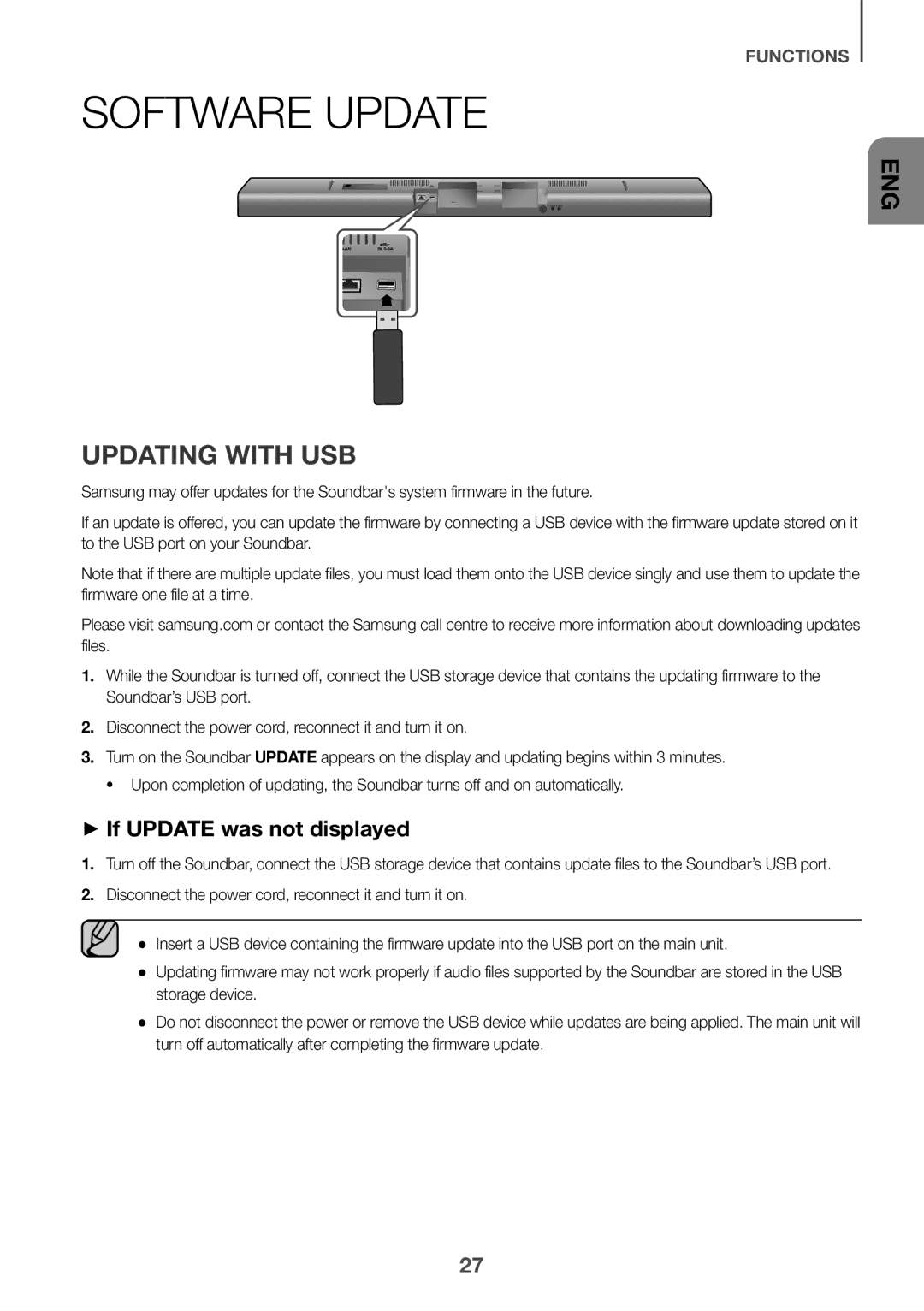 Samsung HW-J650/XN, HW-J650/EN, HW-J651/EN, HW-J651/ZF Software Update, Updating with USB, ++If Update was not displayed 