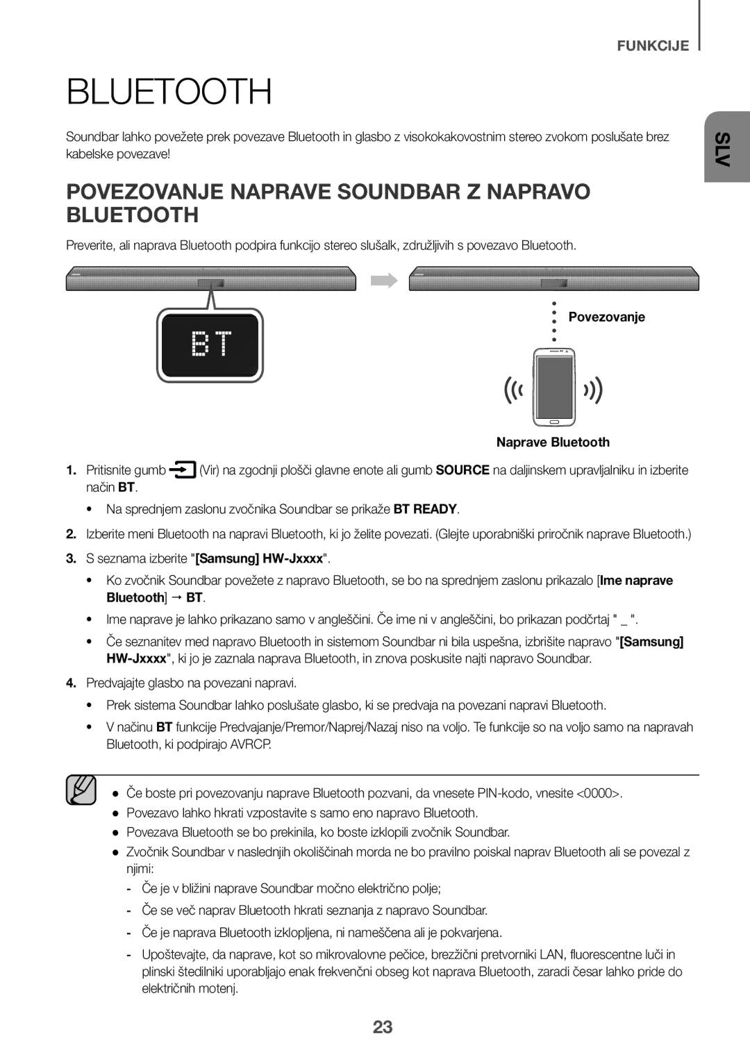 Samsung HW-J651/XN manual Povezovanje Naprave Soundbar Z Napravo Bluetooth, Povezovanje Naprave Bluetooth Pritisnite gumb 