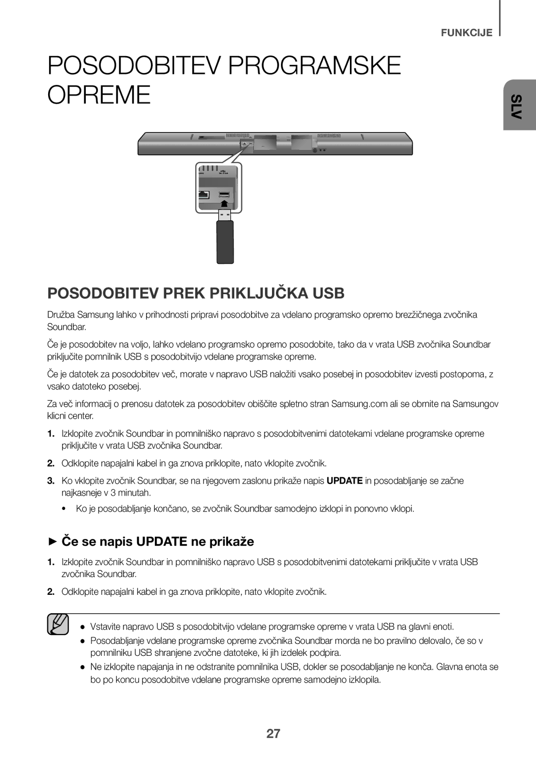 Samsung HW-J651/ZF manual Posodobitev Programske Opreme, Posodobitev Prek Priključka USB, ++Če se napis Update ne prikaže 