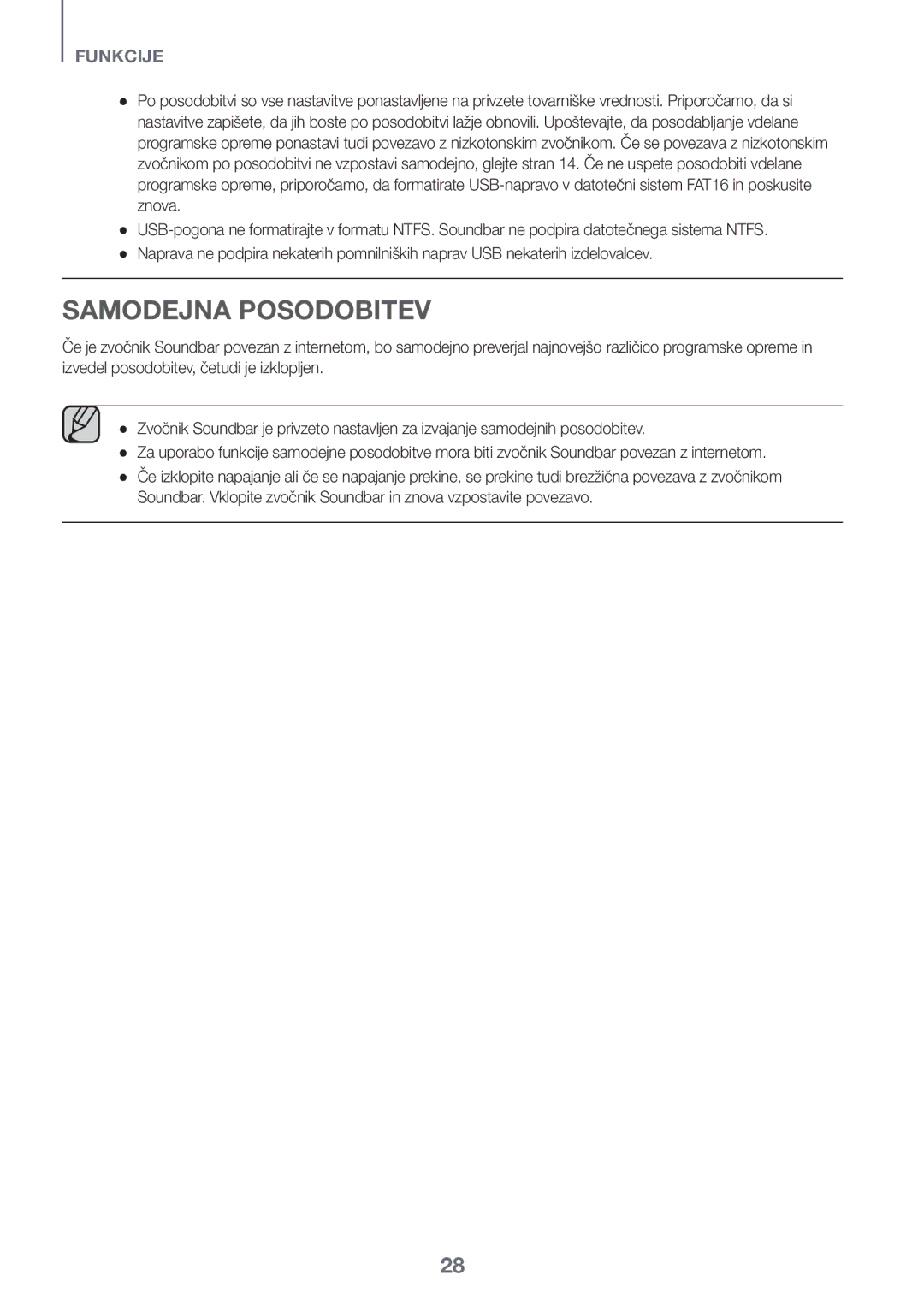 Samsung HW-J661/XE, HW-J650/EN, HW-J651/EN, HW-J651/ZF, HW-J660/XE, HW-J651/XN, HW-J650/XN manual Samodejna Posodobitev 