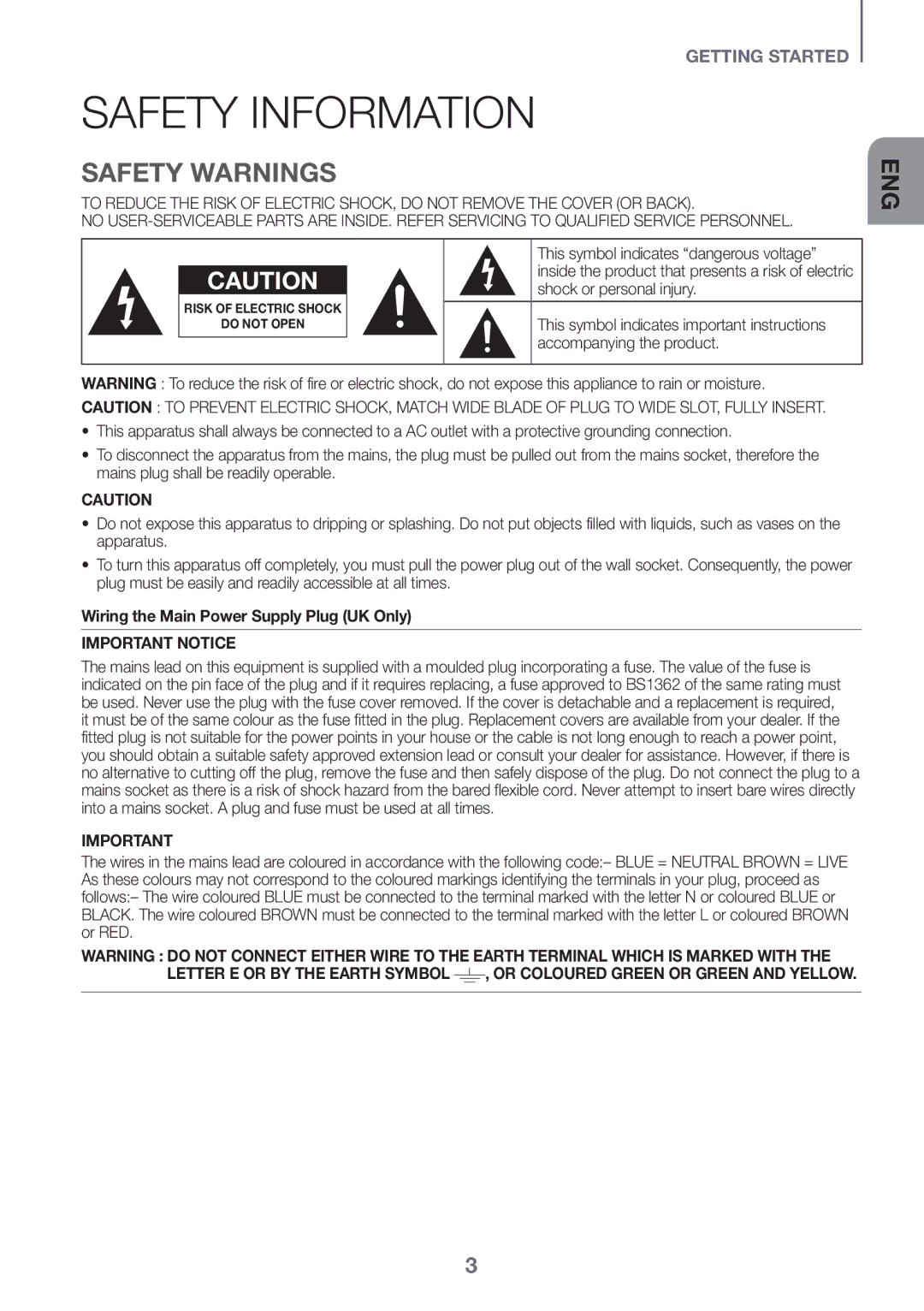 Samsung HW-J661/XE manual Safety Information, Safety Warnings, Wiring the Main Power Supply Plug UK Only, Important Notice 