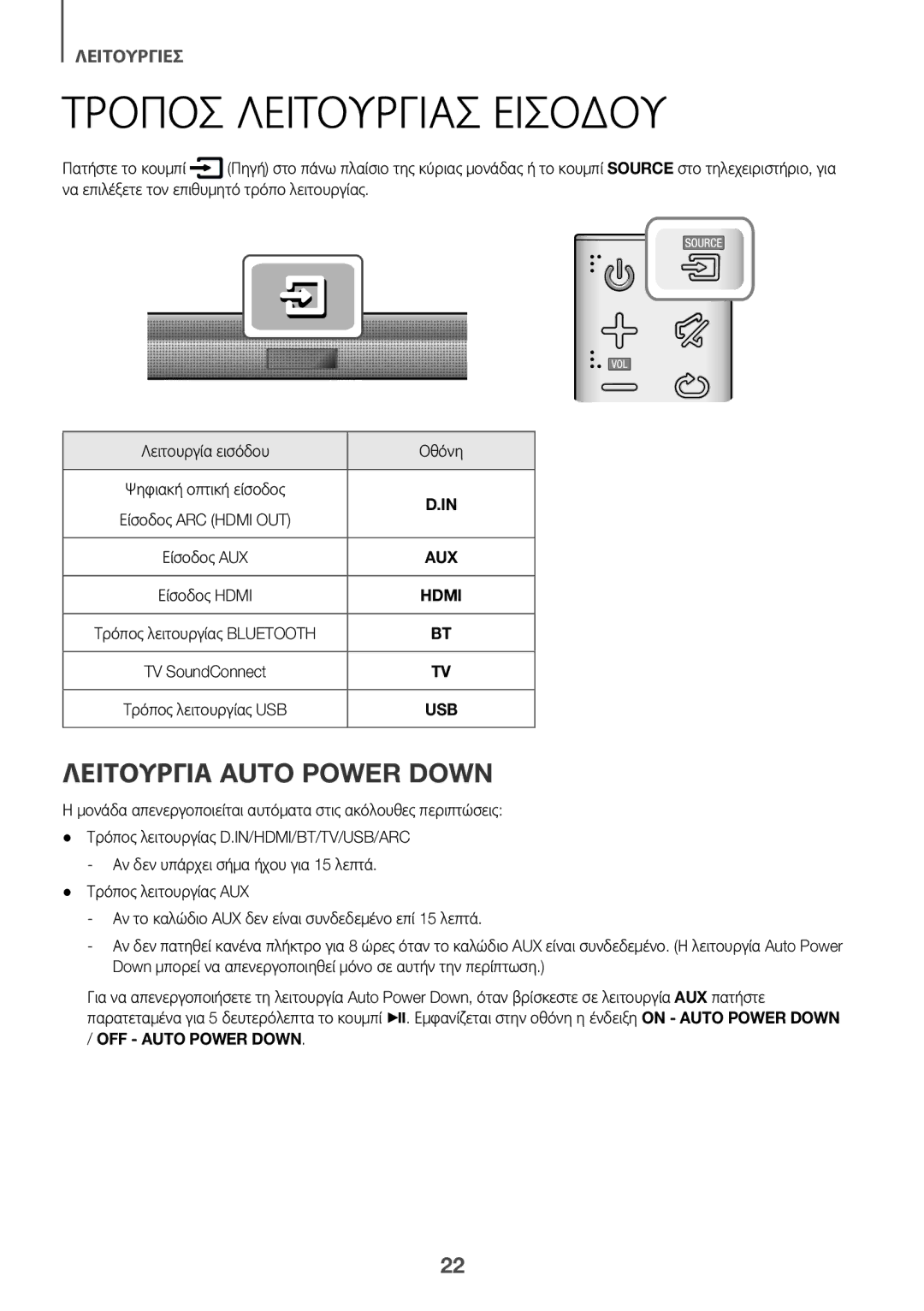 Samsung HW-J650/EN, HW-J651/EN, HW-J651/ZF, HW-J661/XE, HW-J660/XE Τρόποσ Λειτουργίασ Εισόδου, Λειτουργία Auto Power Down 