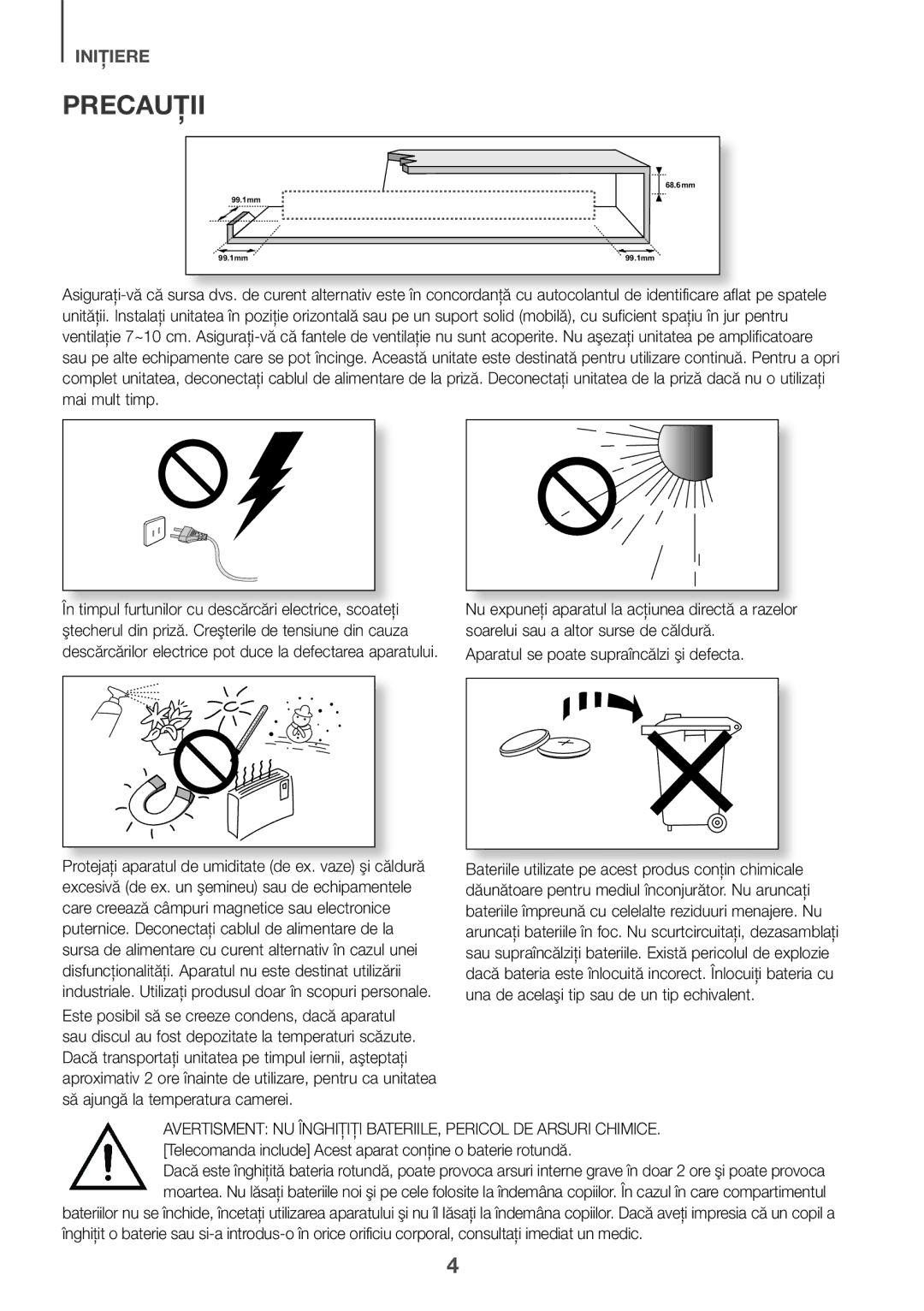 Samsung HW-J650/XN, HW-J650/EN, HW-J651/EN, HW-J651/ZF, HW-J661/XE, HW-J660/XE, HW-J651/XN manual Precauţii 