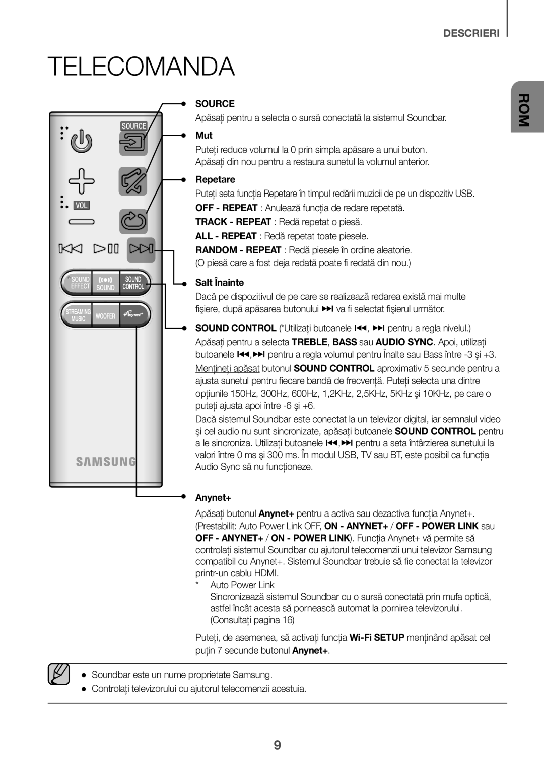 Samsung HW-J660/XE, HW-J650/EN, HW-J651/EN, HW-J651/ZF, HW-J661/XE, HW-J651/XN manual Telecomanda, Mut, Repetare, Salt Înainte 