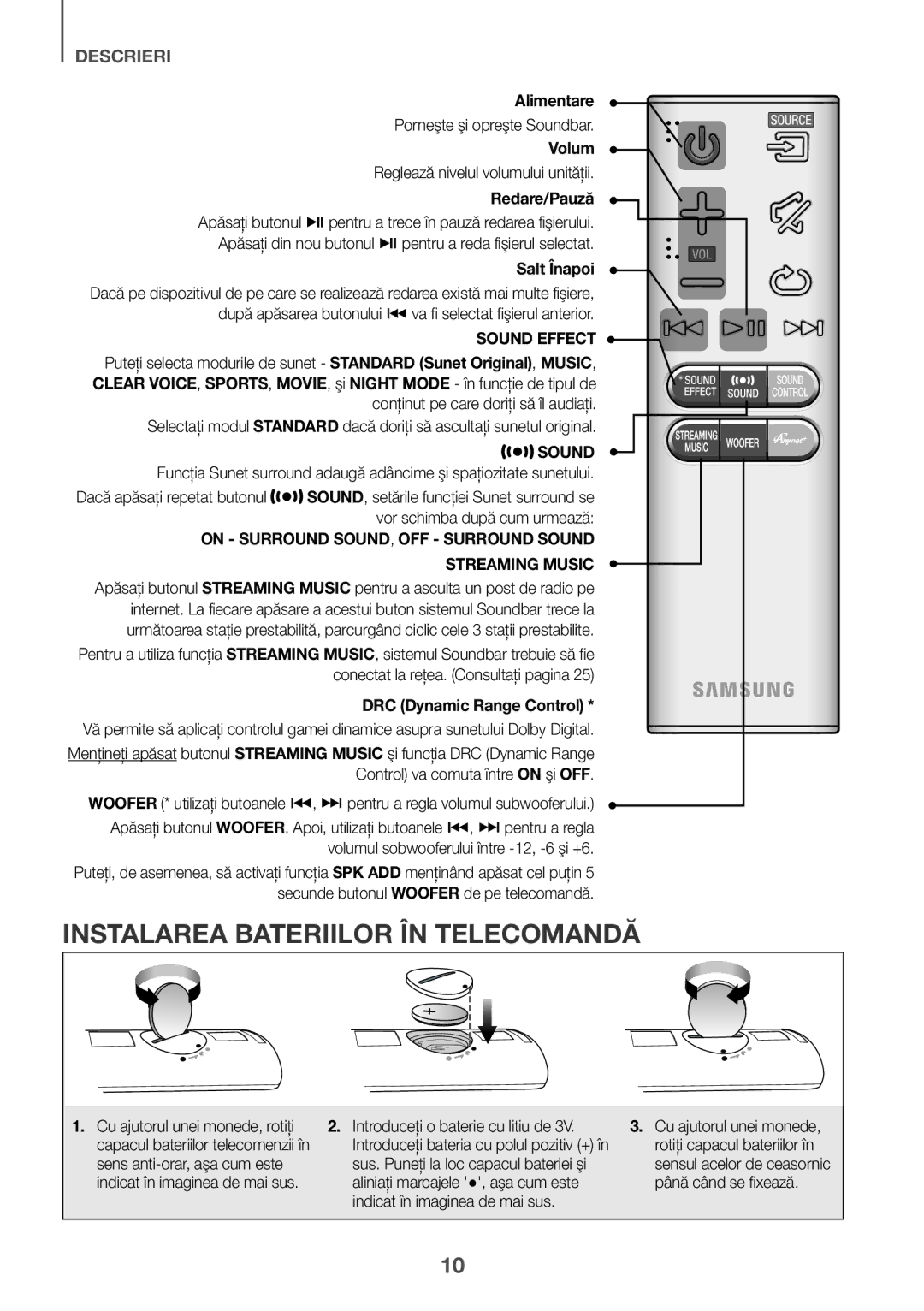 Samsung HW-J651/XN, HW-J650/EN manual Instalarea Bateriilor ÎN Telecomandă, Alimentare, Volum, Redare/Pauză, Salt Înapoi 