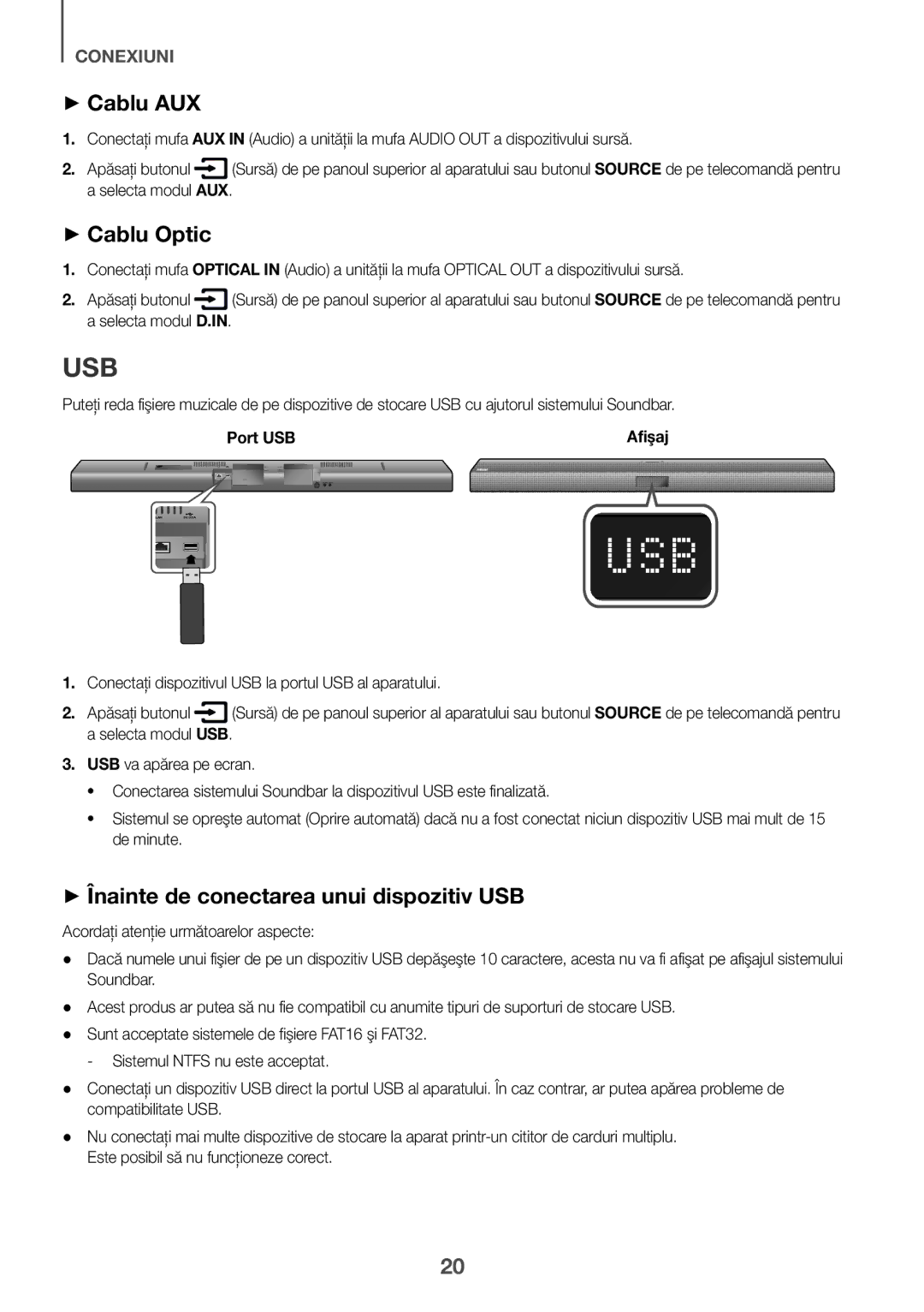 Samsung HW-J651/EN, HW-J650/EN, HW-J651/ZF manual ++Cablu AUX, ++Cablu Optic, ++Înainte de conectarea unui dispozitiv USB 