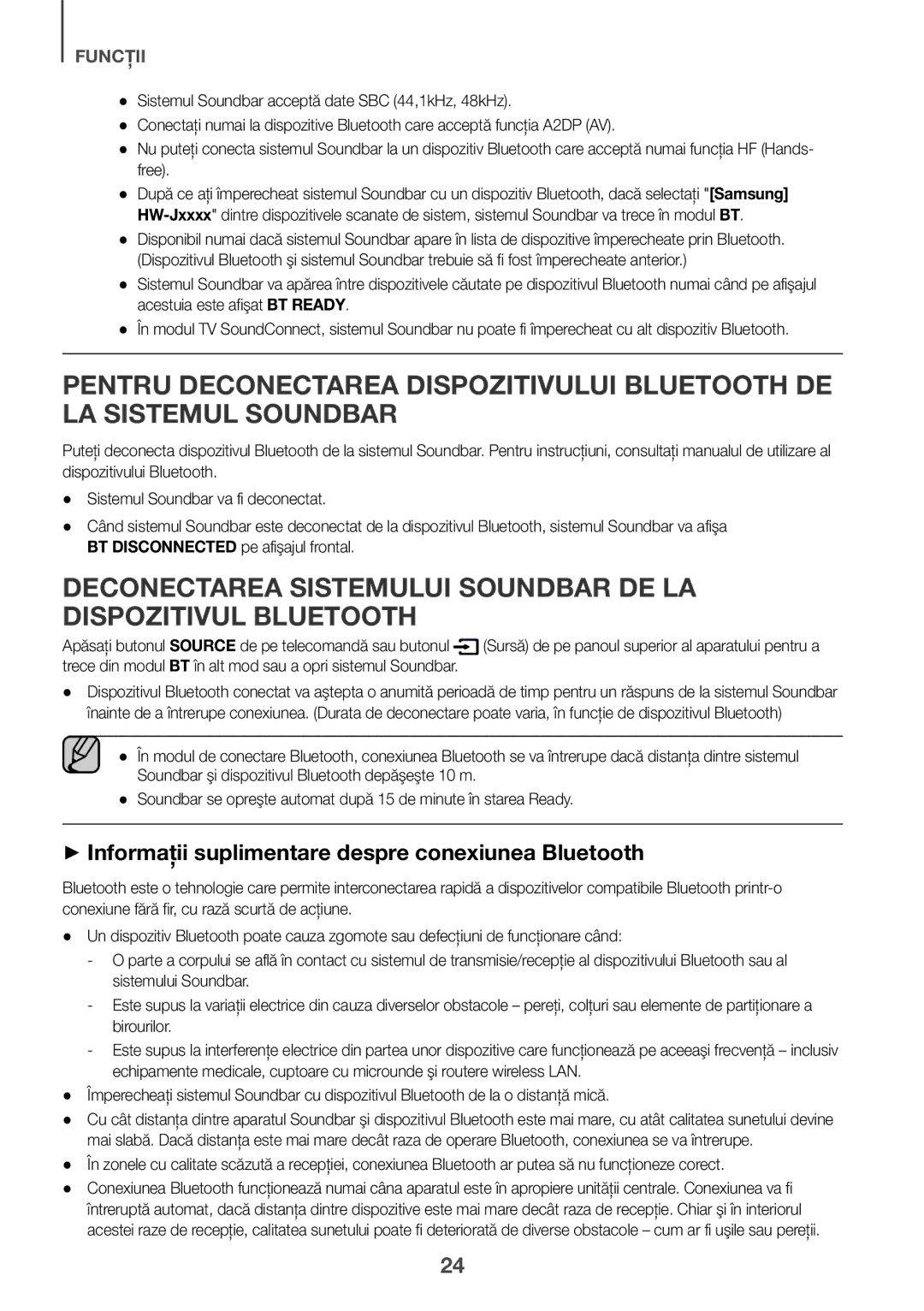 Samsung HW-J651/XN, HW-J650/EN, HW-J651/EN, HW-J651/ZF, HW-J661/XE manual ++Informaţii suplimentare despre conexiunea Bluetooth 